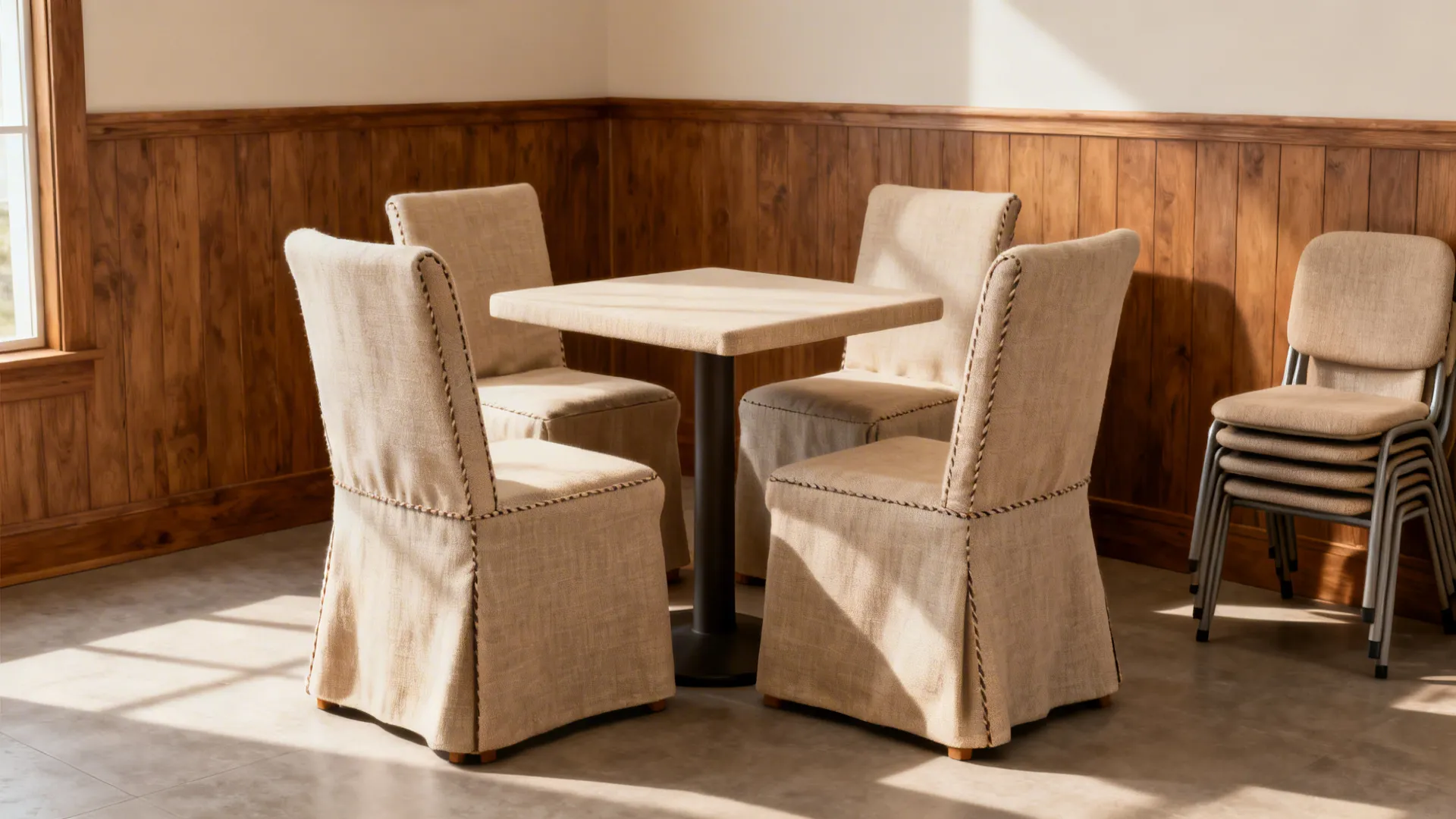 Six linen-look slipcovered dining chairs in a small dining corner with warm wood accents.