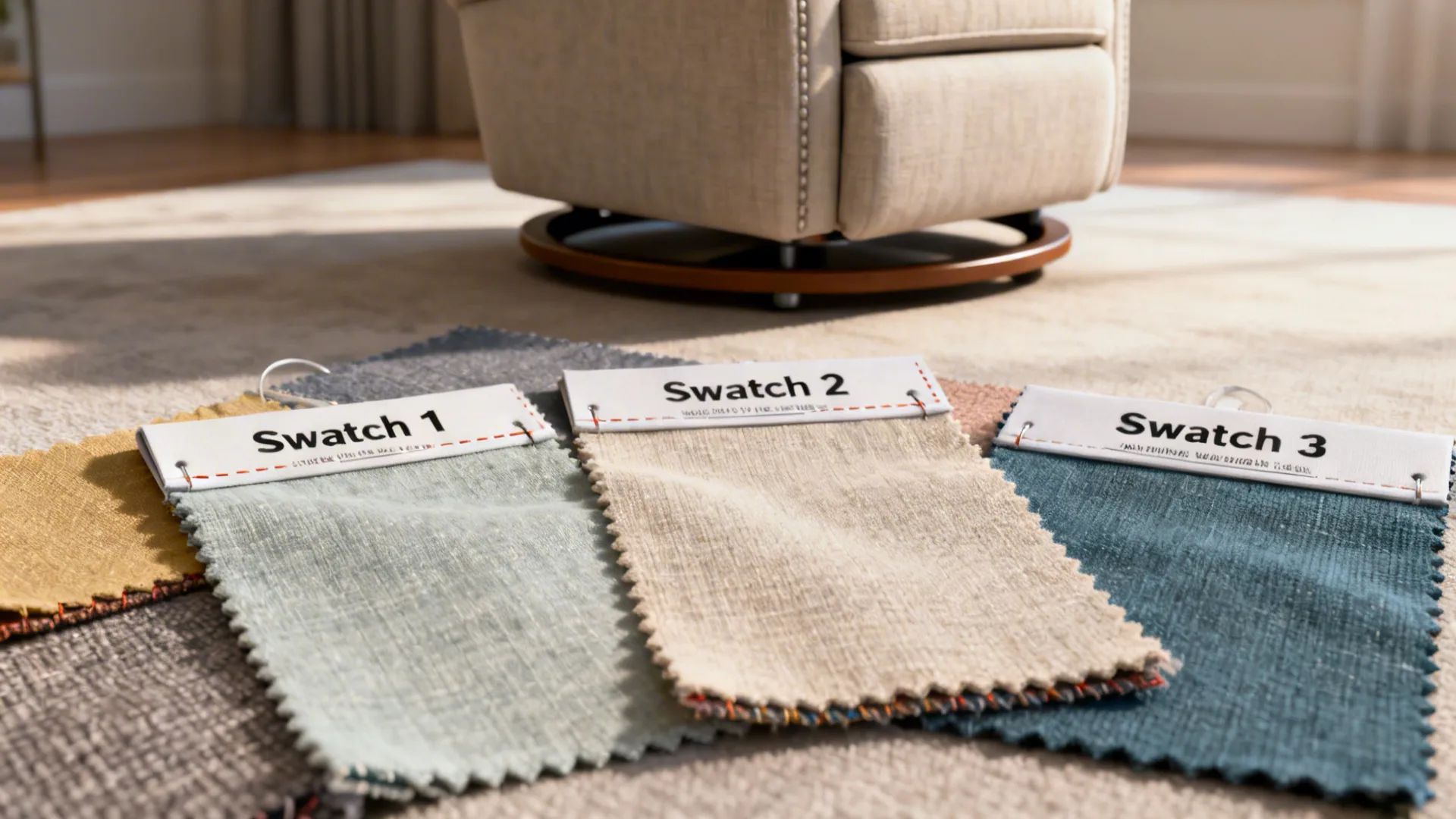 Flatlay of washable slipcover fabric swatches with an upholstered swivel glider in soft background.