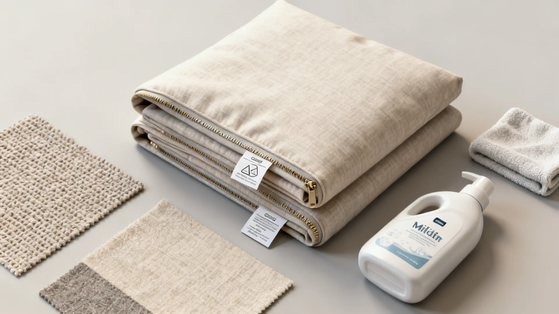 Flatlay of removable cushion covers and fabric swatches with cleaning supplies