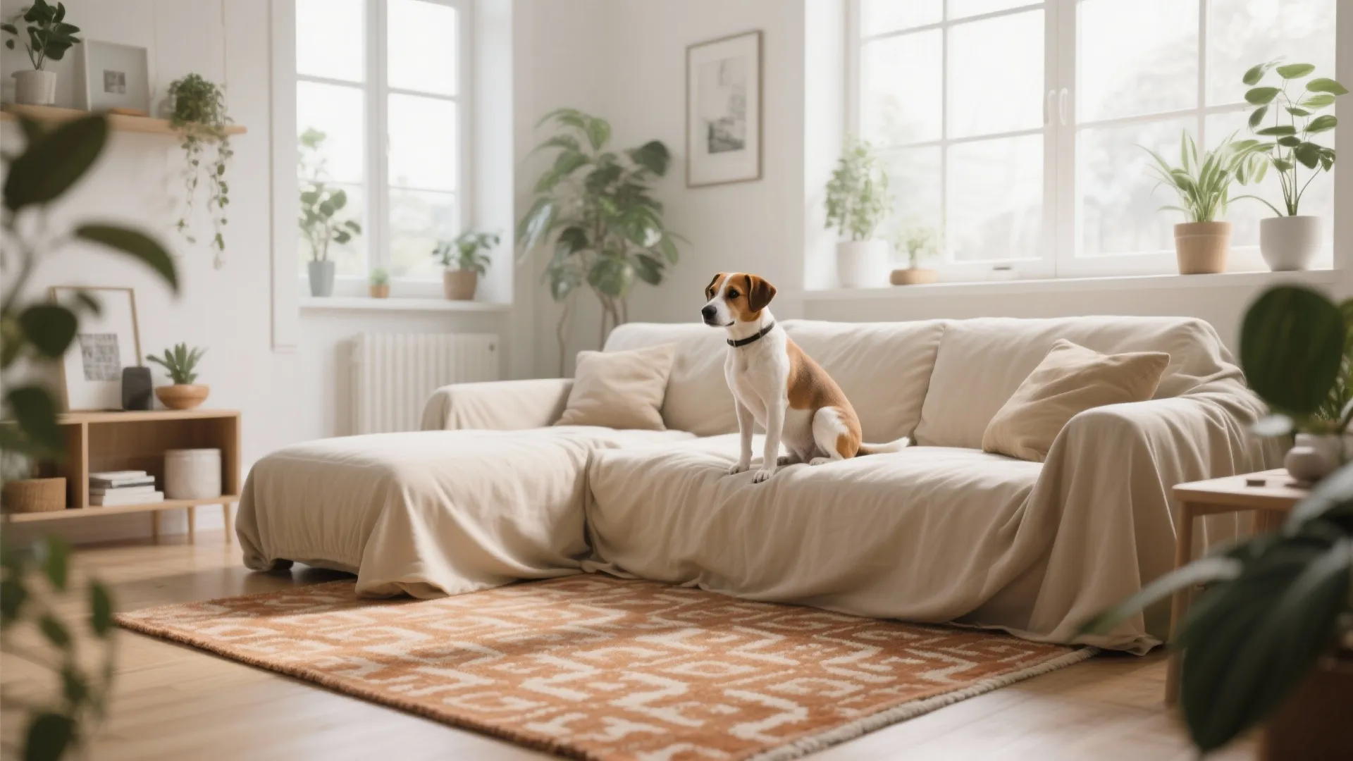 Beige sofa with washable slipcovers and a dog