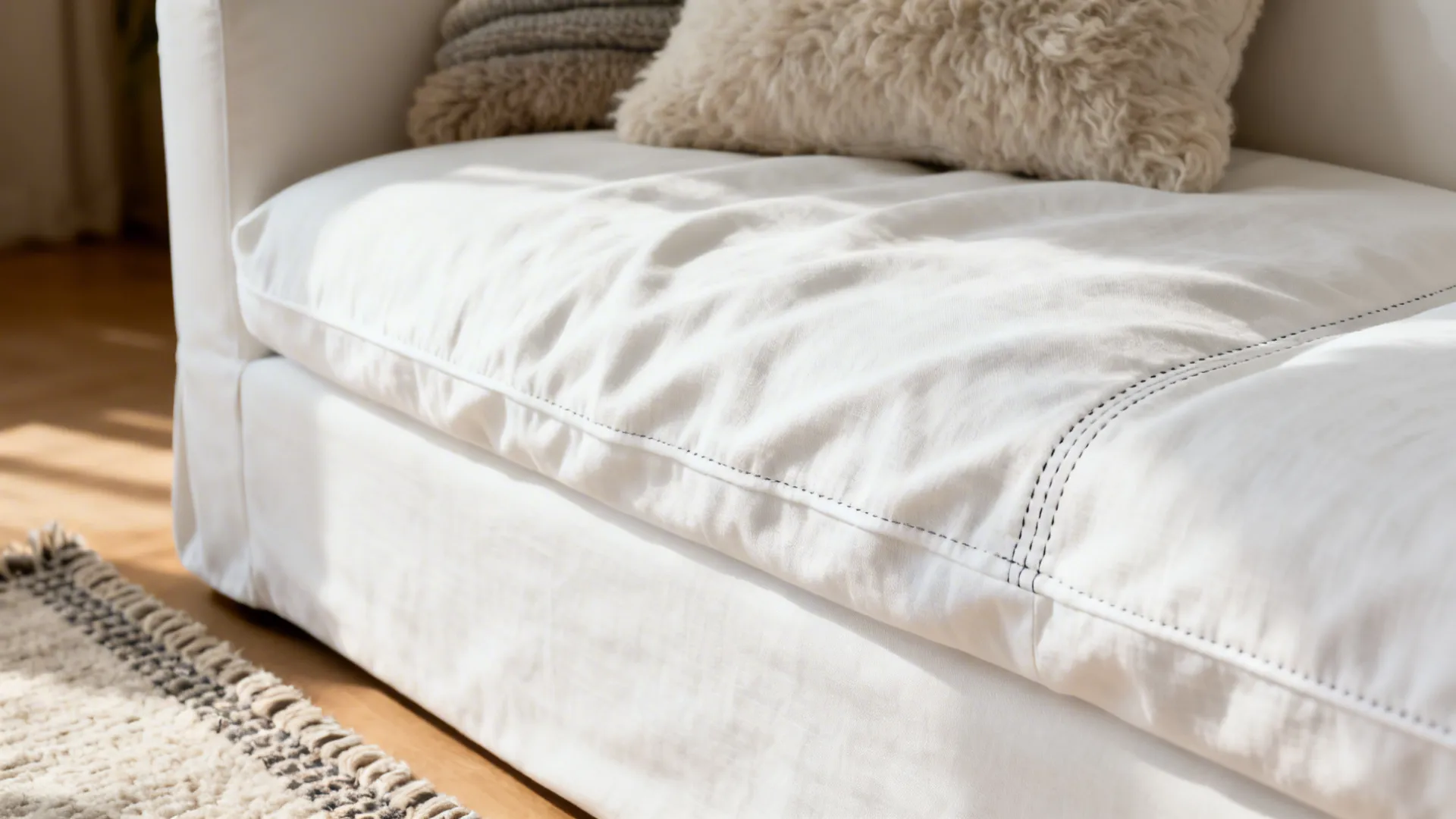 Close-up of a white sofa with removable cotton-linen cover and textured cushions