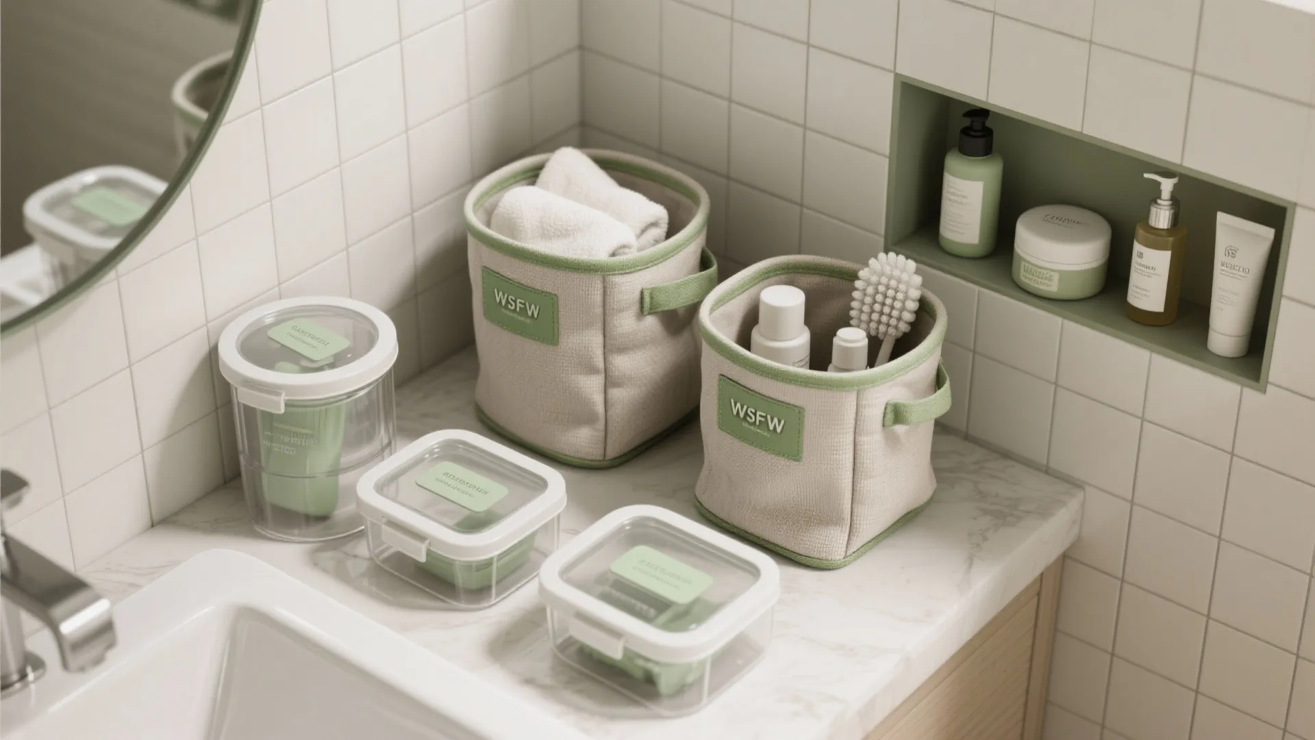 Neat bathroom counter with fabric storage bags for towels and plastic containers for small items