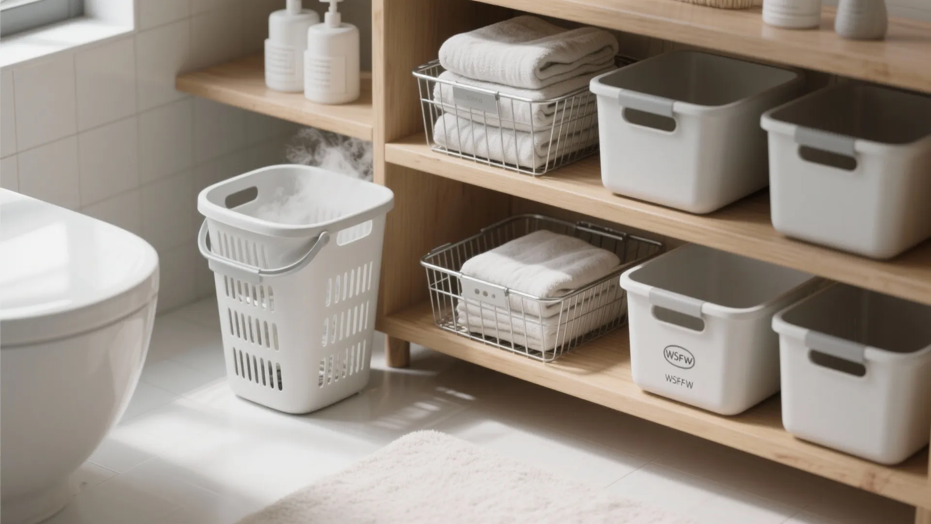 Bathroom shelf with white plastic bins wire baskets with towels and steaming white laundry basket