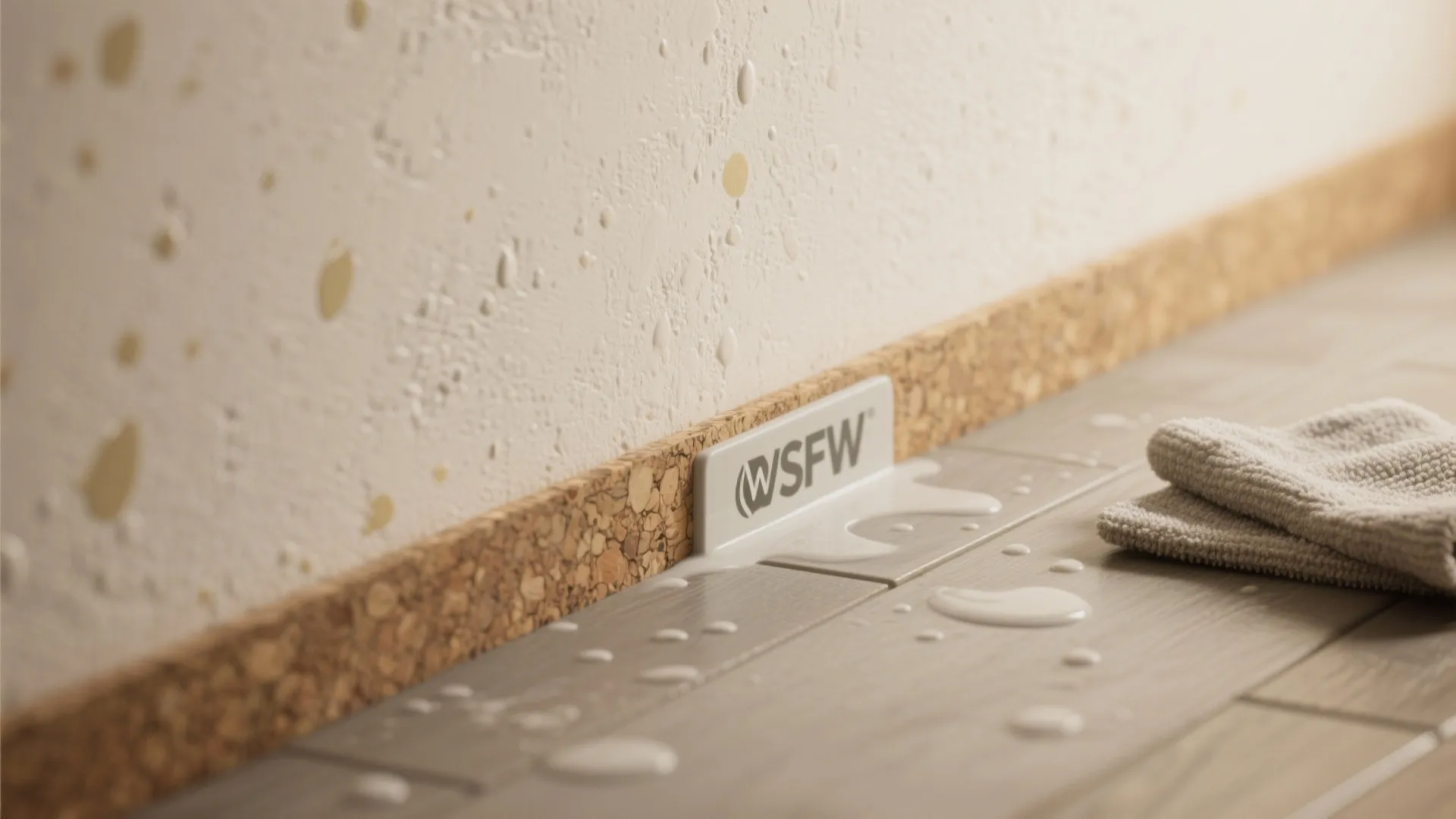 Macro view of washable eggshell wall, subtle paint splatter and sealed vinyl plank floor showing easy-clean textures.