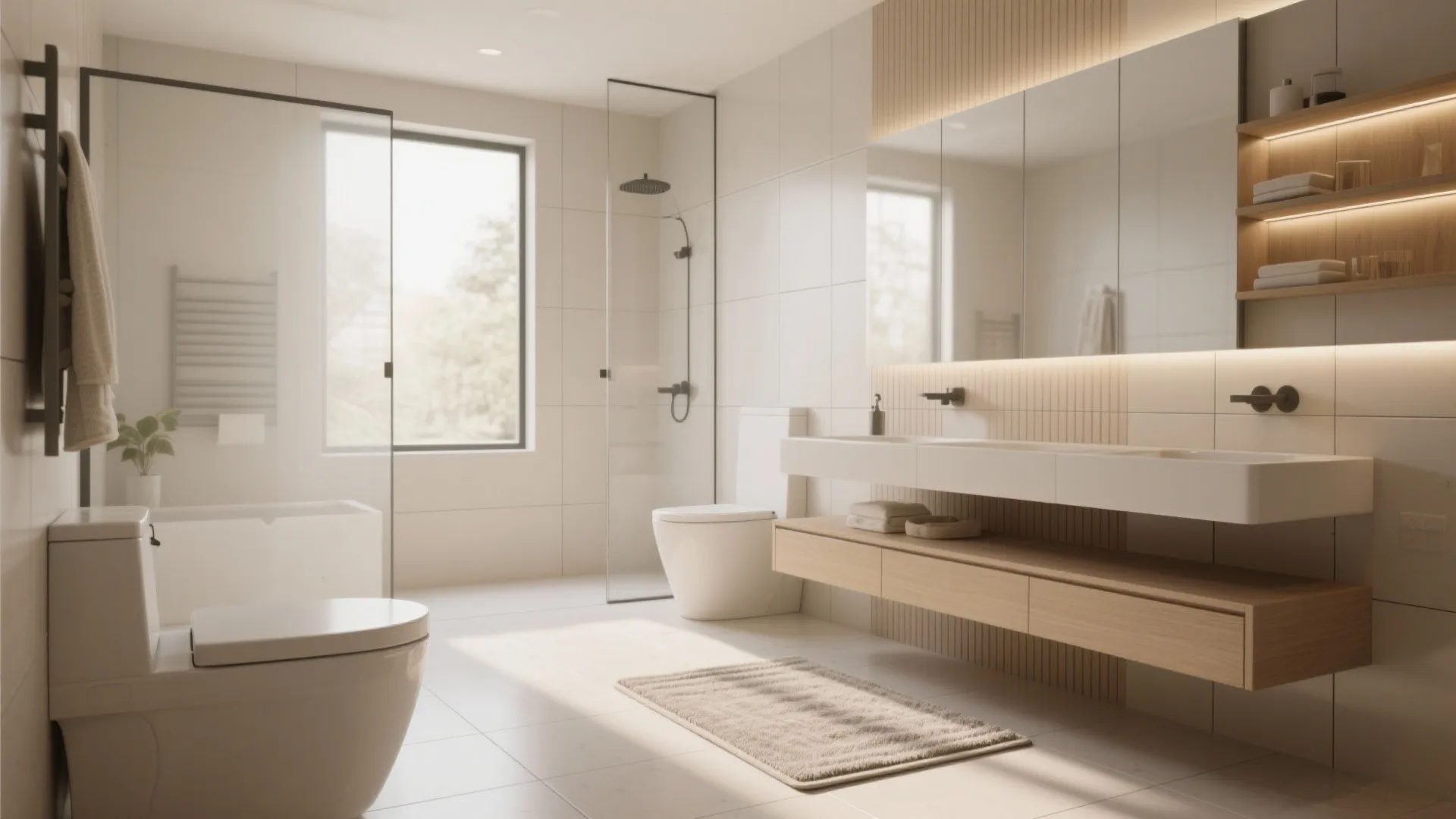 Modern bright bathroom with double sink wood cabinet glass shower toilet and large wall mirror