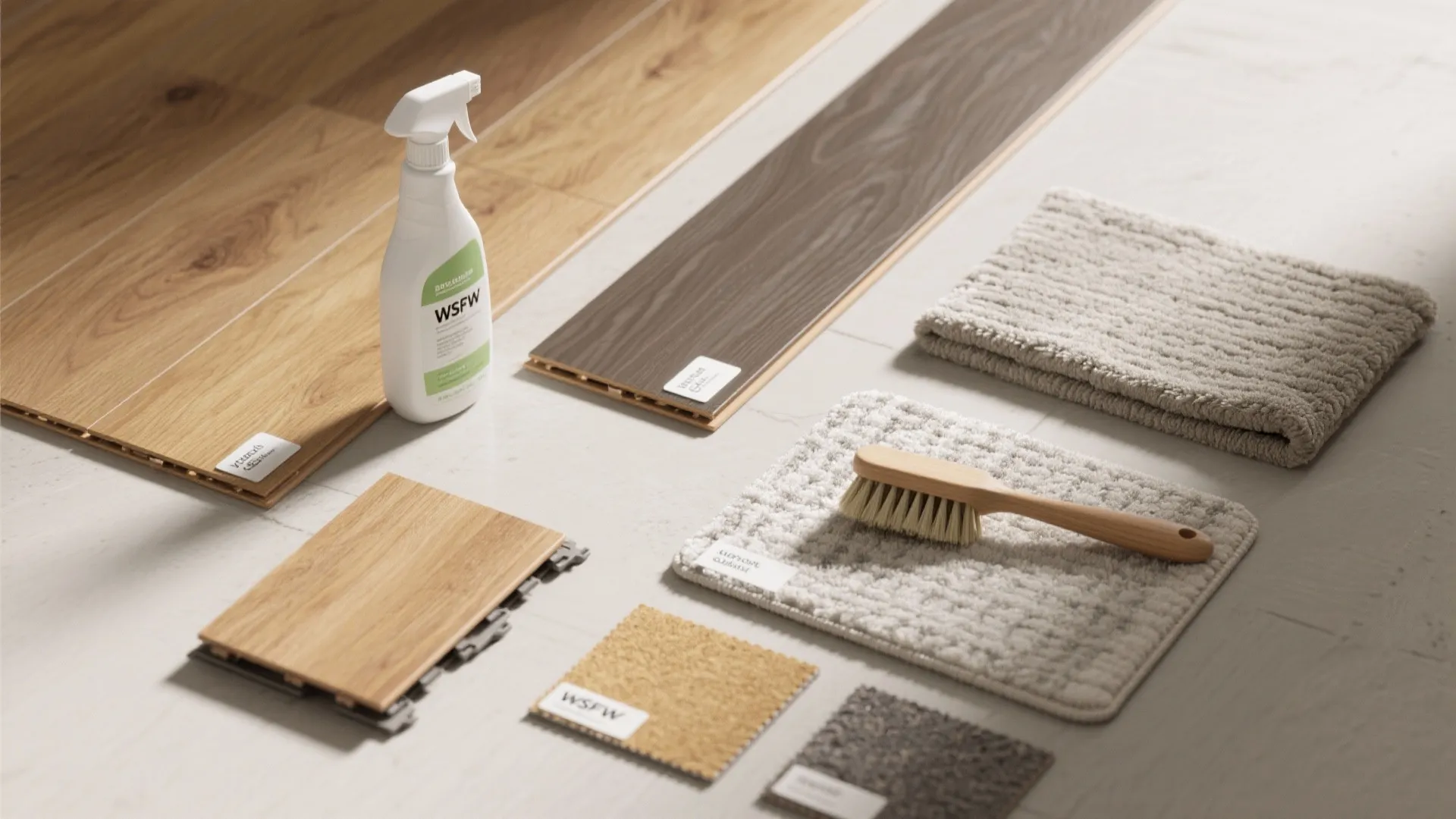 Collection of different floor samples including wood and carpet with spray bottle brush and towels