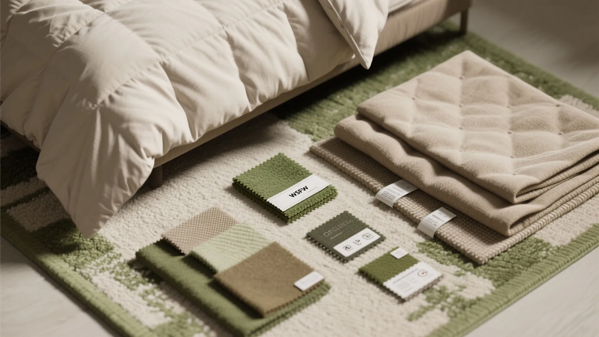 Green and beige fabric samples organized on a rug next to a soft white bed
