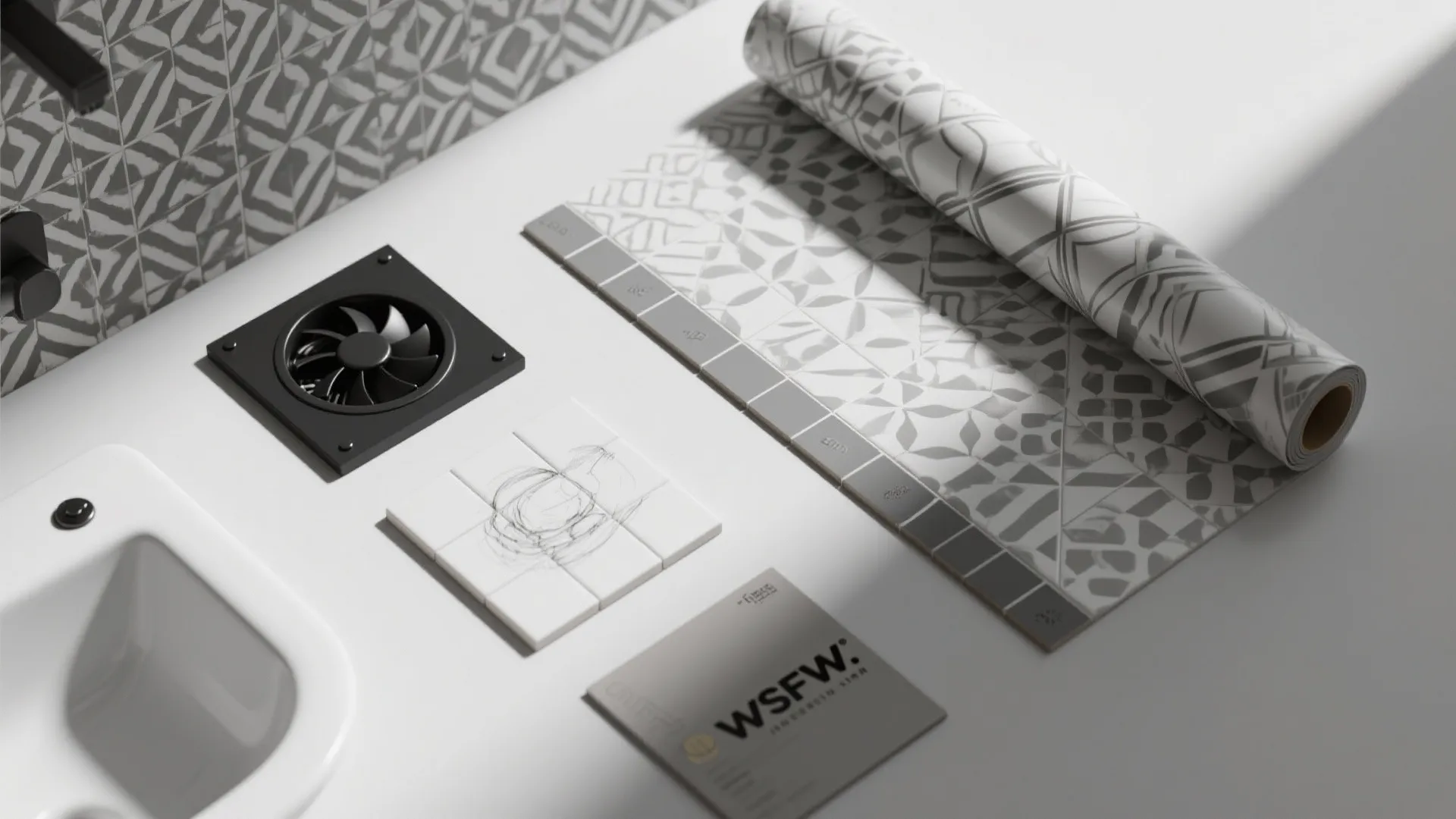 Interior design drawing showing patterned floor vinyl samples with white sink and black fan vent