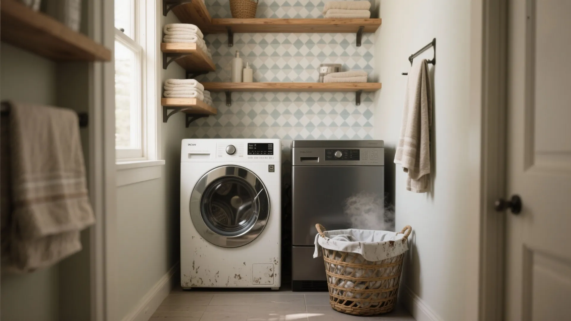 Narrow laundry room with small-scale geometric washable vinyl wallpaper and warm wood shelves.