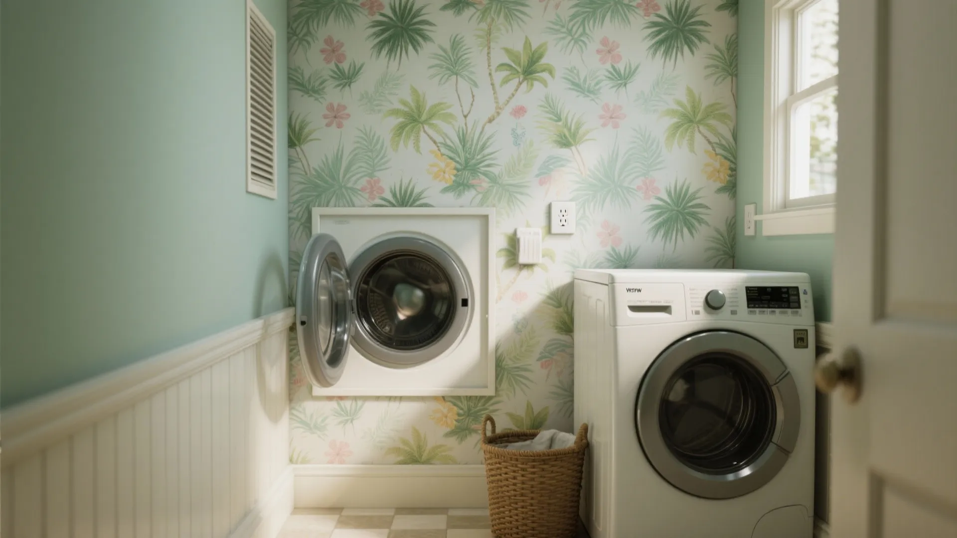 Small laundry room with tropical palm wallpaper white wall paneling washing machine and laundry basket