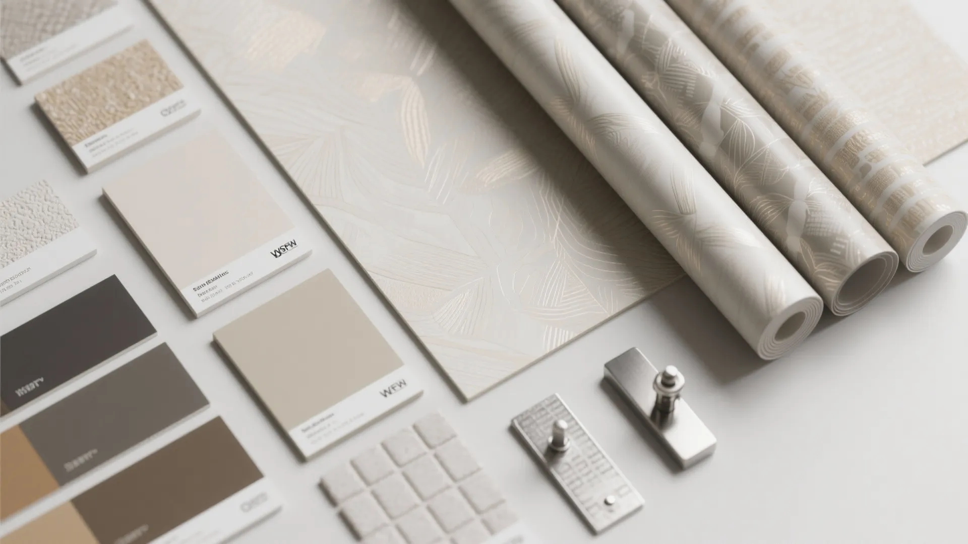 Beige wallpaper rolls and color samples for home renovation sitting on a clean white surface