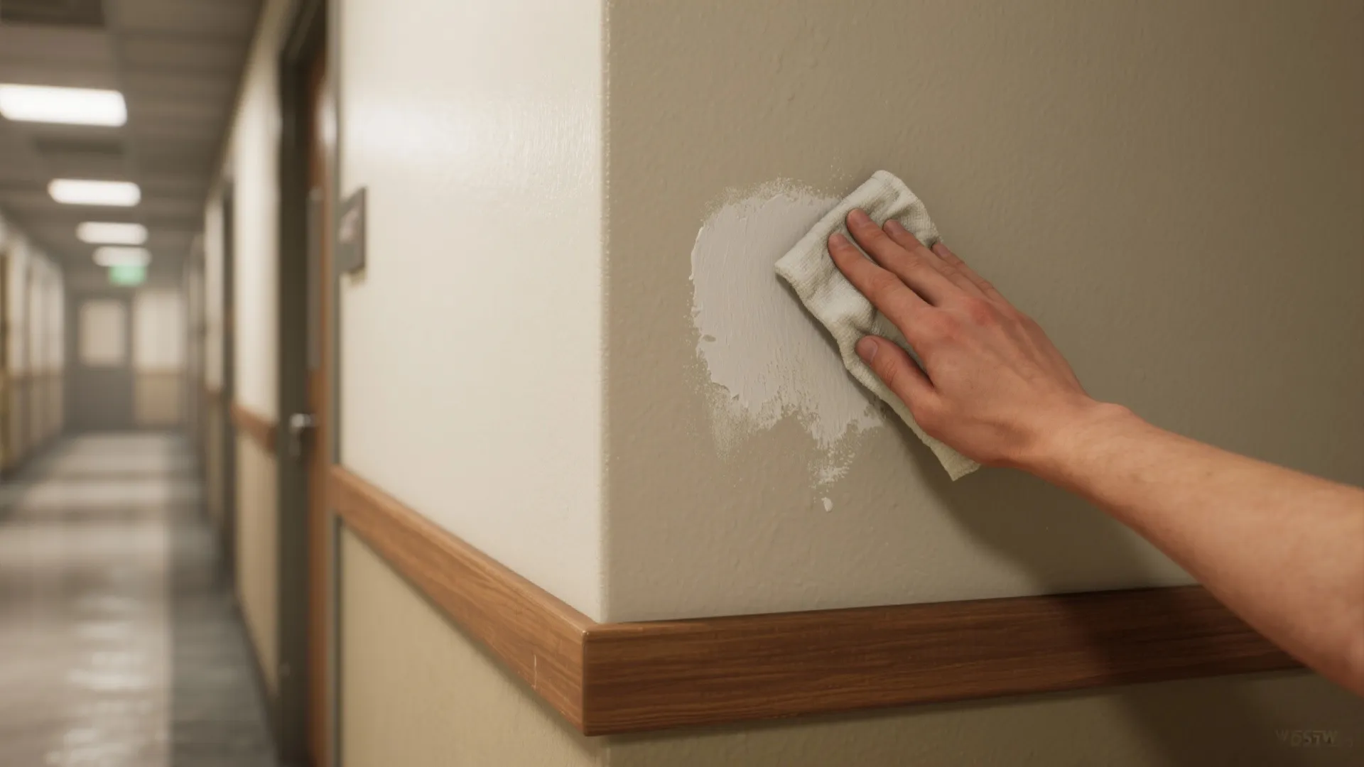 Hand using a white cloth to wipe away a white paint mark on a wall corner