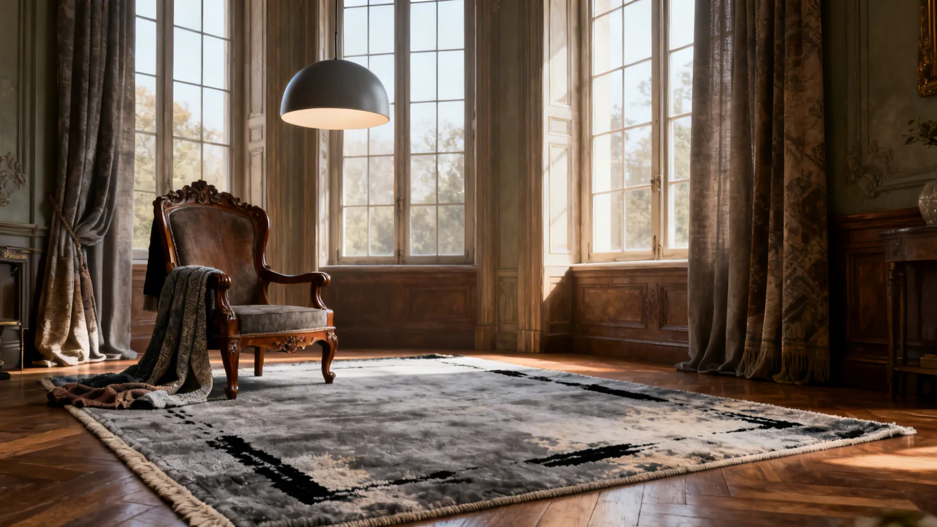 Victorian living room with a washed grey vintage rug bridging antique and contemporary pieces.
