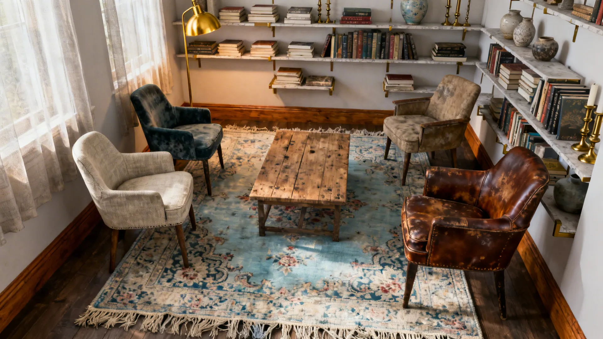 Vintage living room with washed blue floral rug wooden coffee table and four unique chairs