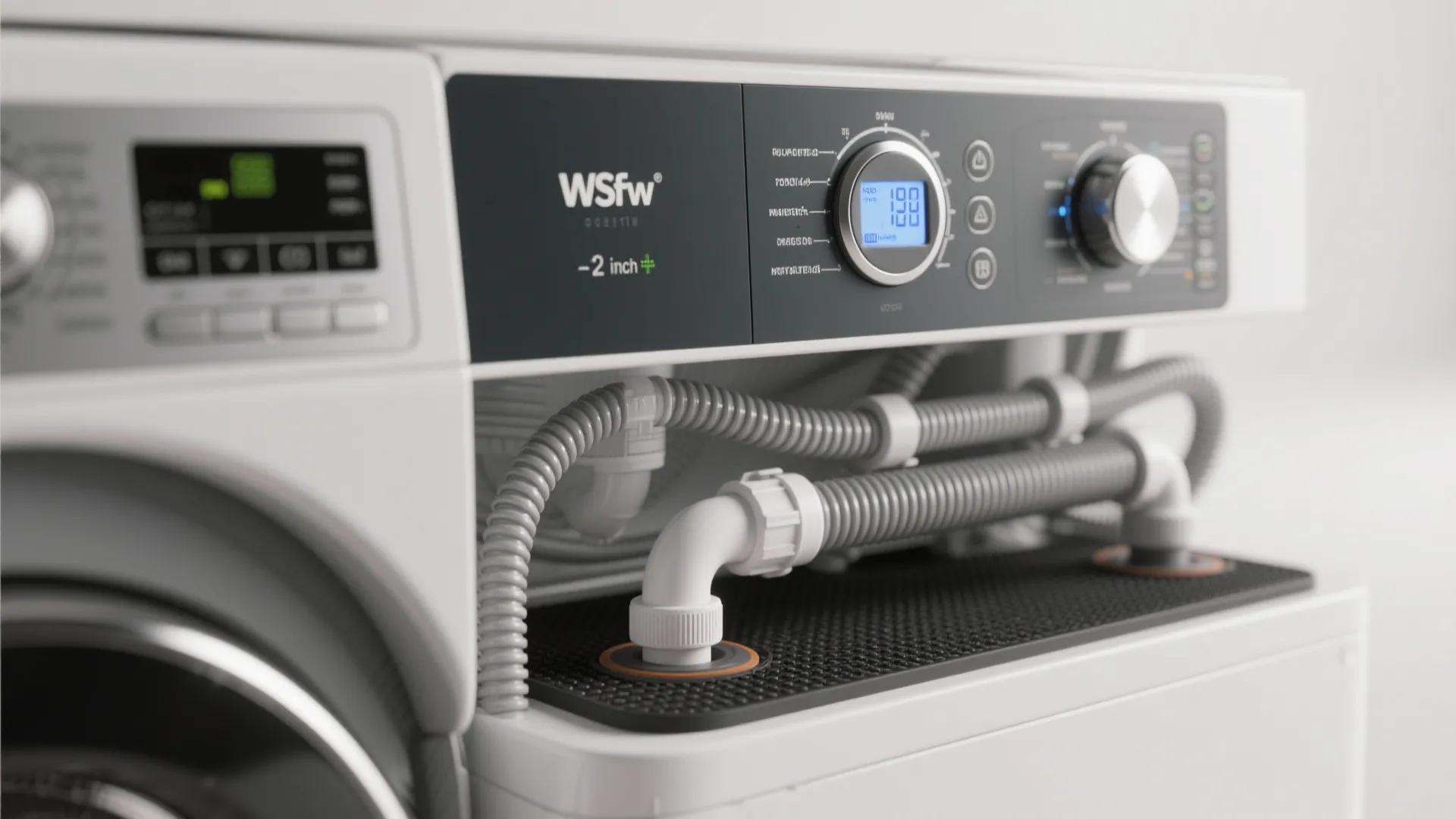 Macro shot of a compact washer control panel and hoses showing required clearance and an isolation pad underneath.