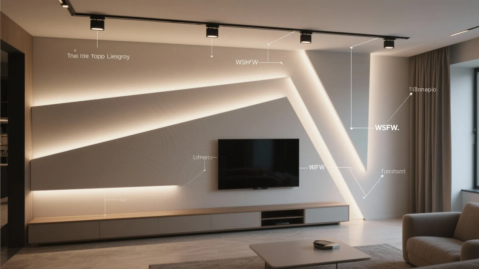 Top-down view showing asymmetric wall washer light spread across a TV wall.