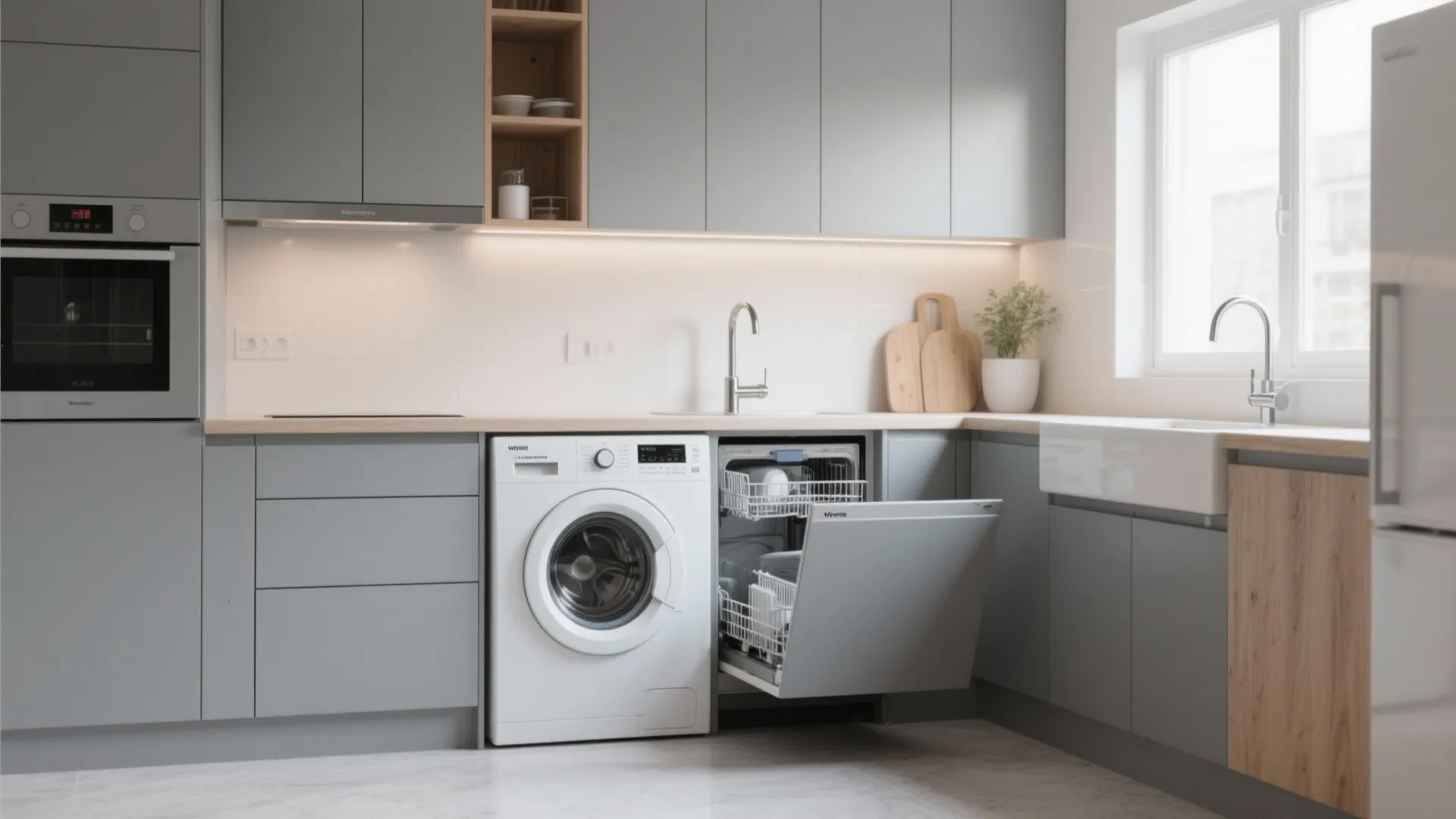 Grey kitchen cabinets with a white washing machine next to an open dishwasher and sink
