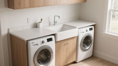 Modern Laundry Room with Wood Cabinets & Farmhouse Sink