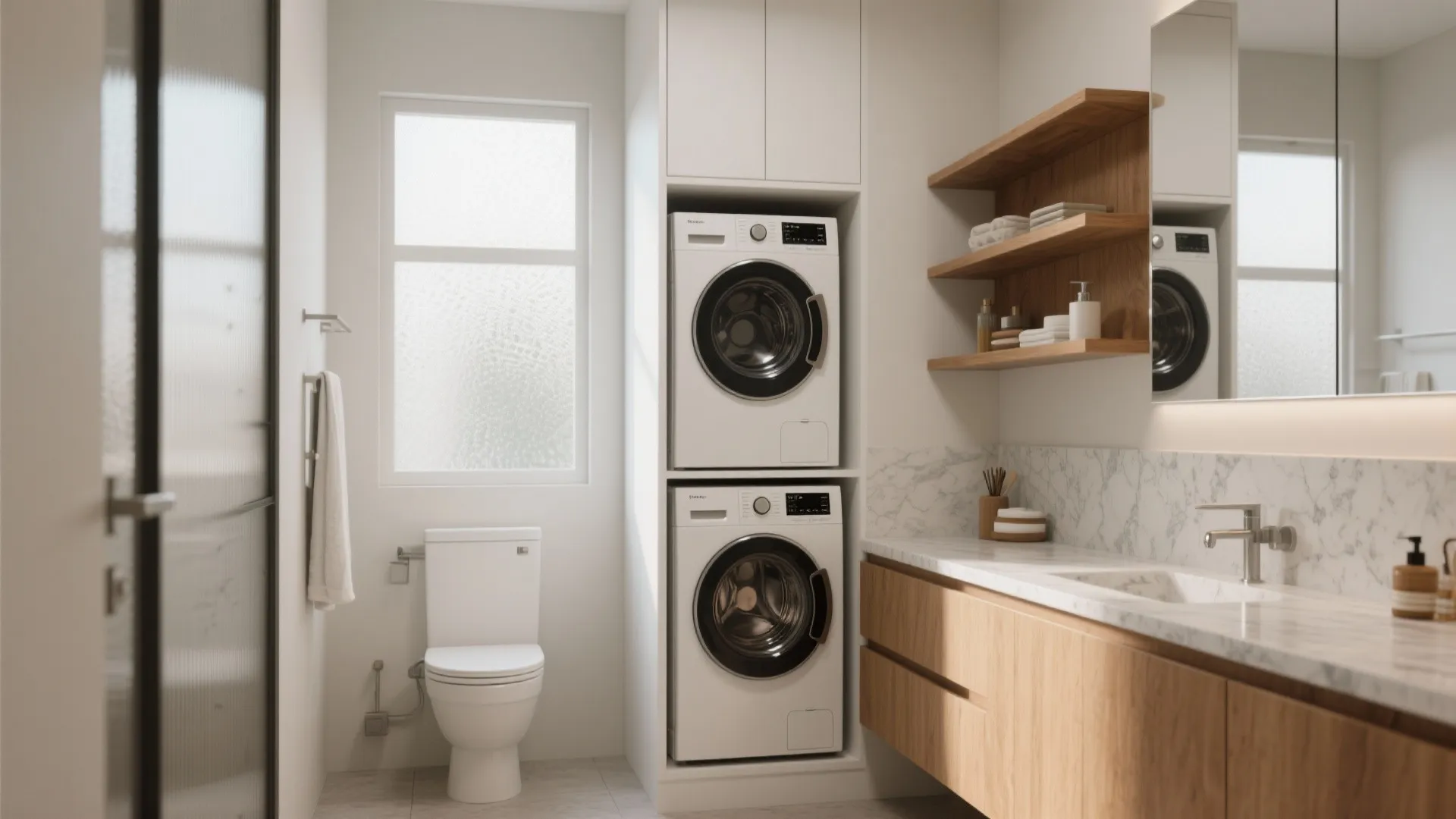 Modern bathroom with stacked washing machine and dryer next to a toilet and wooden cabinet