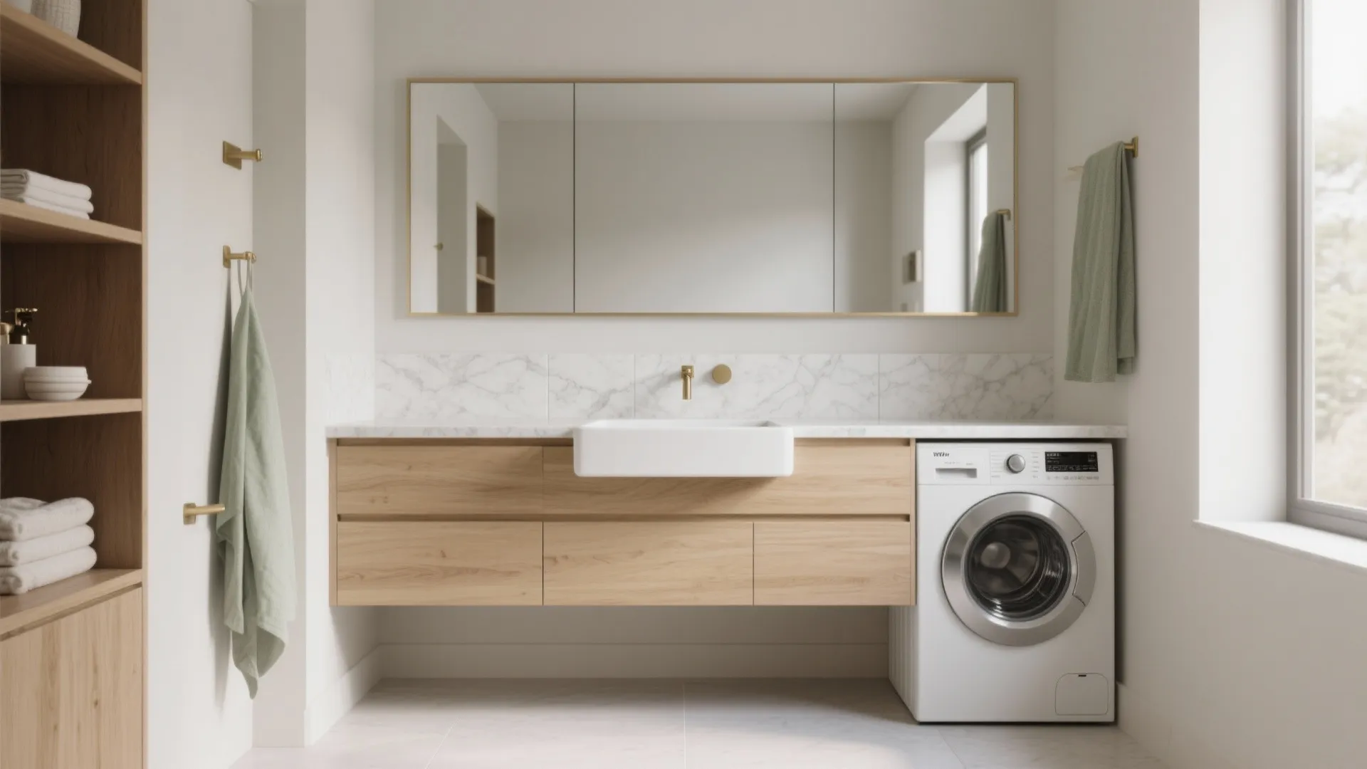 Modern bathroom laundry area with wooden cabinet, white sink, large mirror, and a washing machine