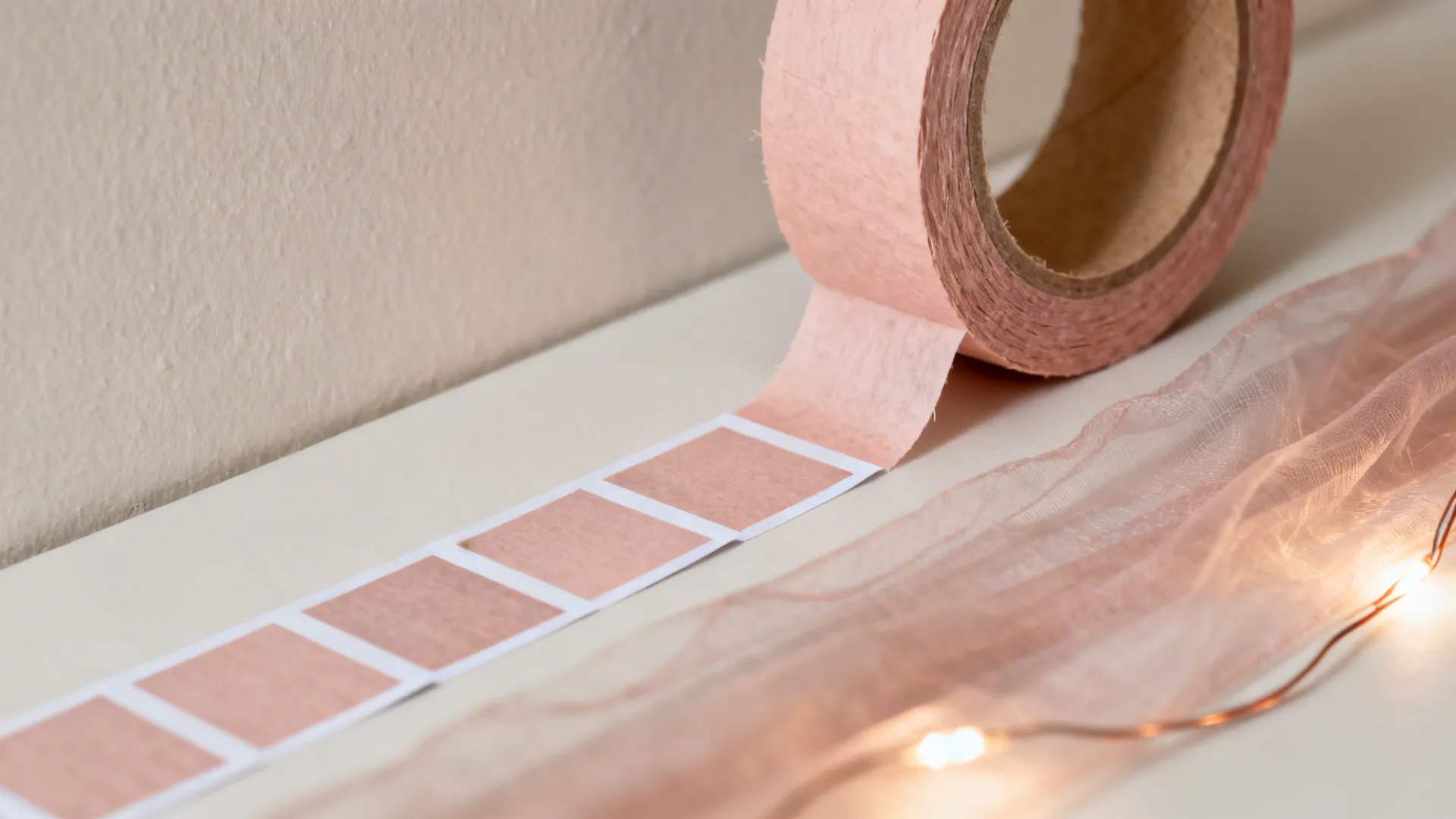 Macro of a neat washi-taped photo grid with blush tones on a neutral wall.