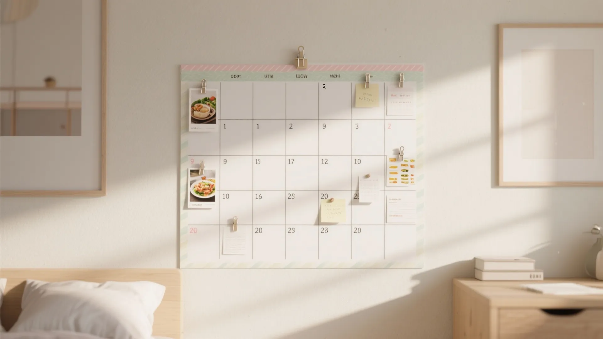 Washi tape grid calendar with clips holding postcards and notes on a rental-friendly wall.
