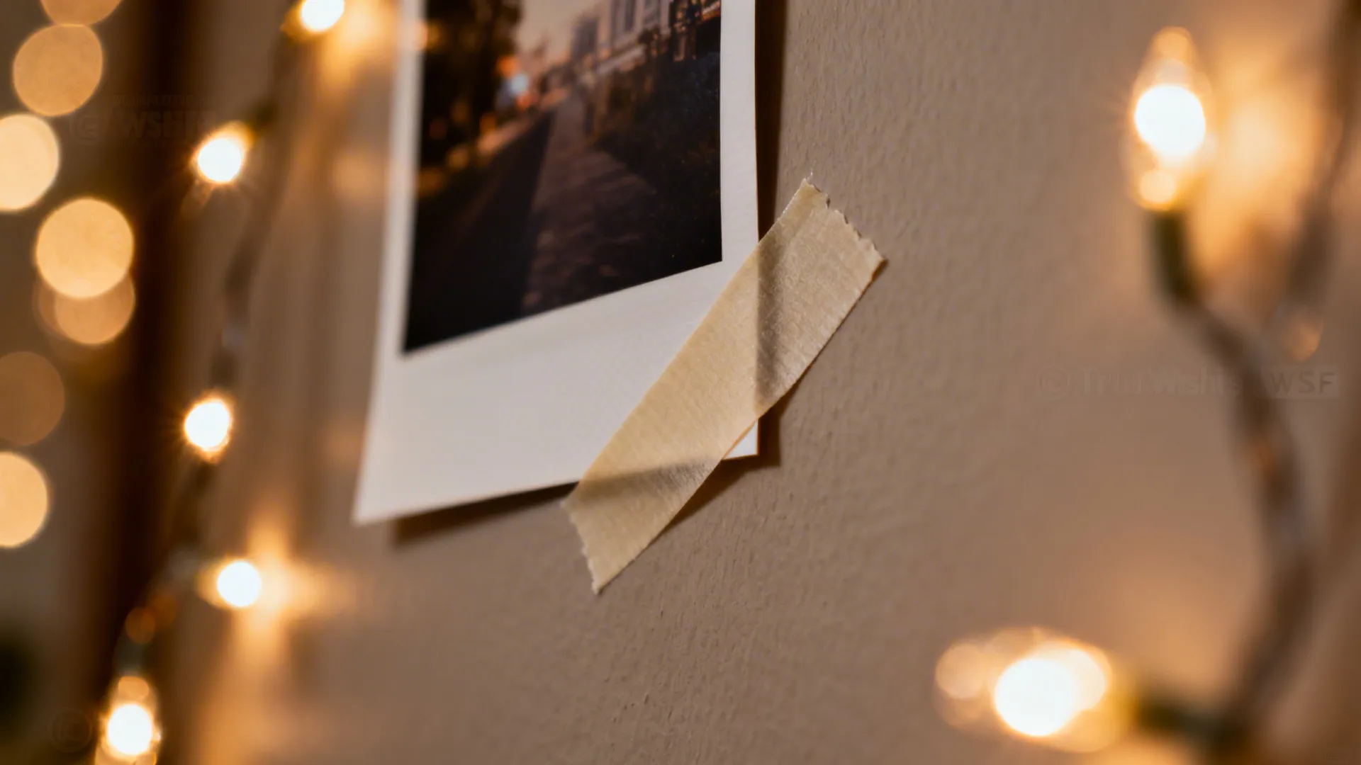 Close up of a printed photo taped to a wall with warm decorative string lights