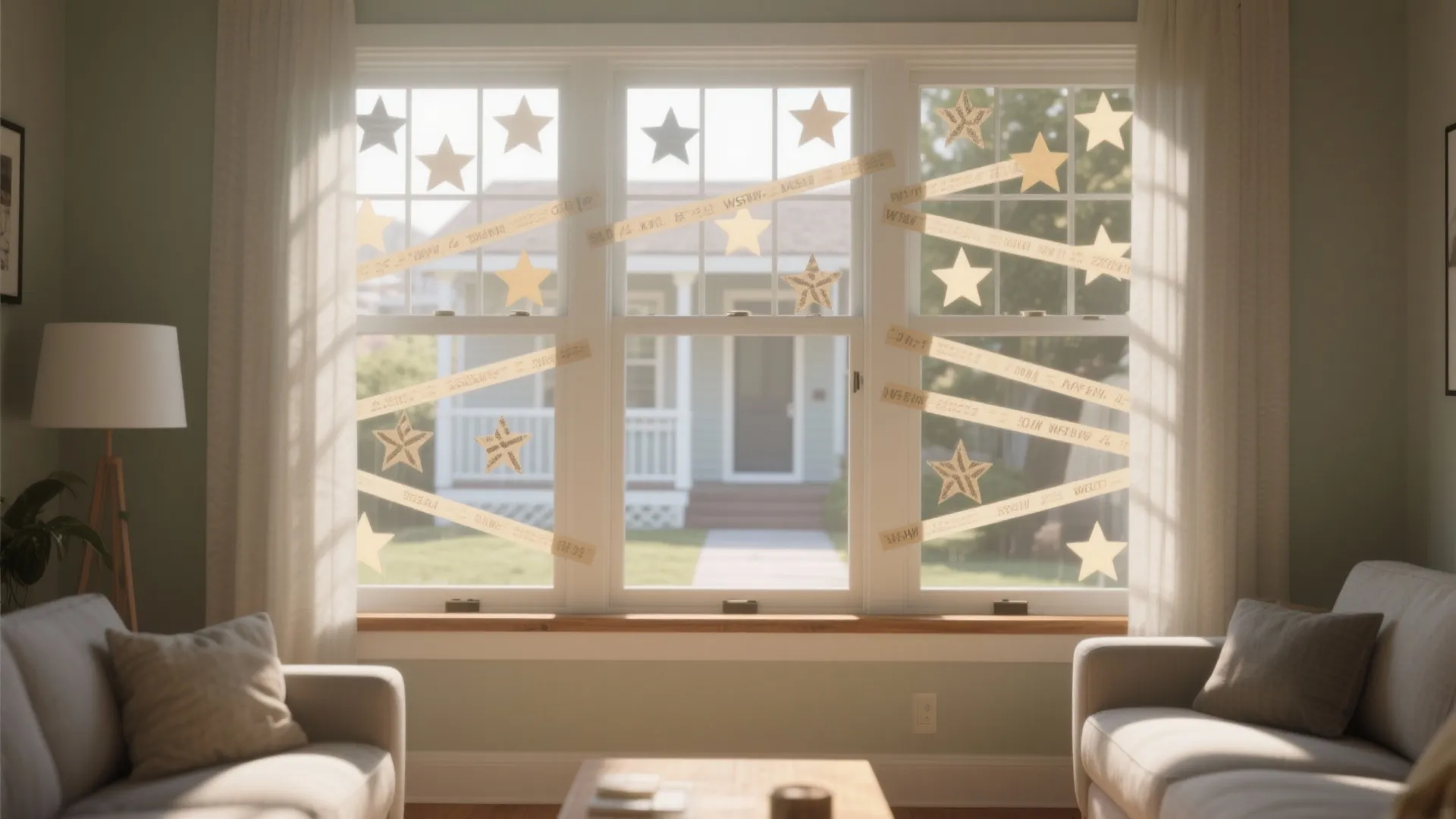 Cozy living room with sofa and large windows decorated with paper stars and yellow tape