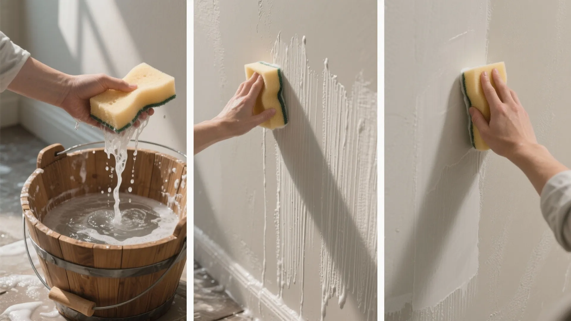 Three-step process showing a person using a wet sponge to wash and clean a wall