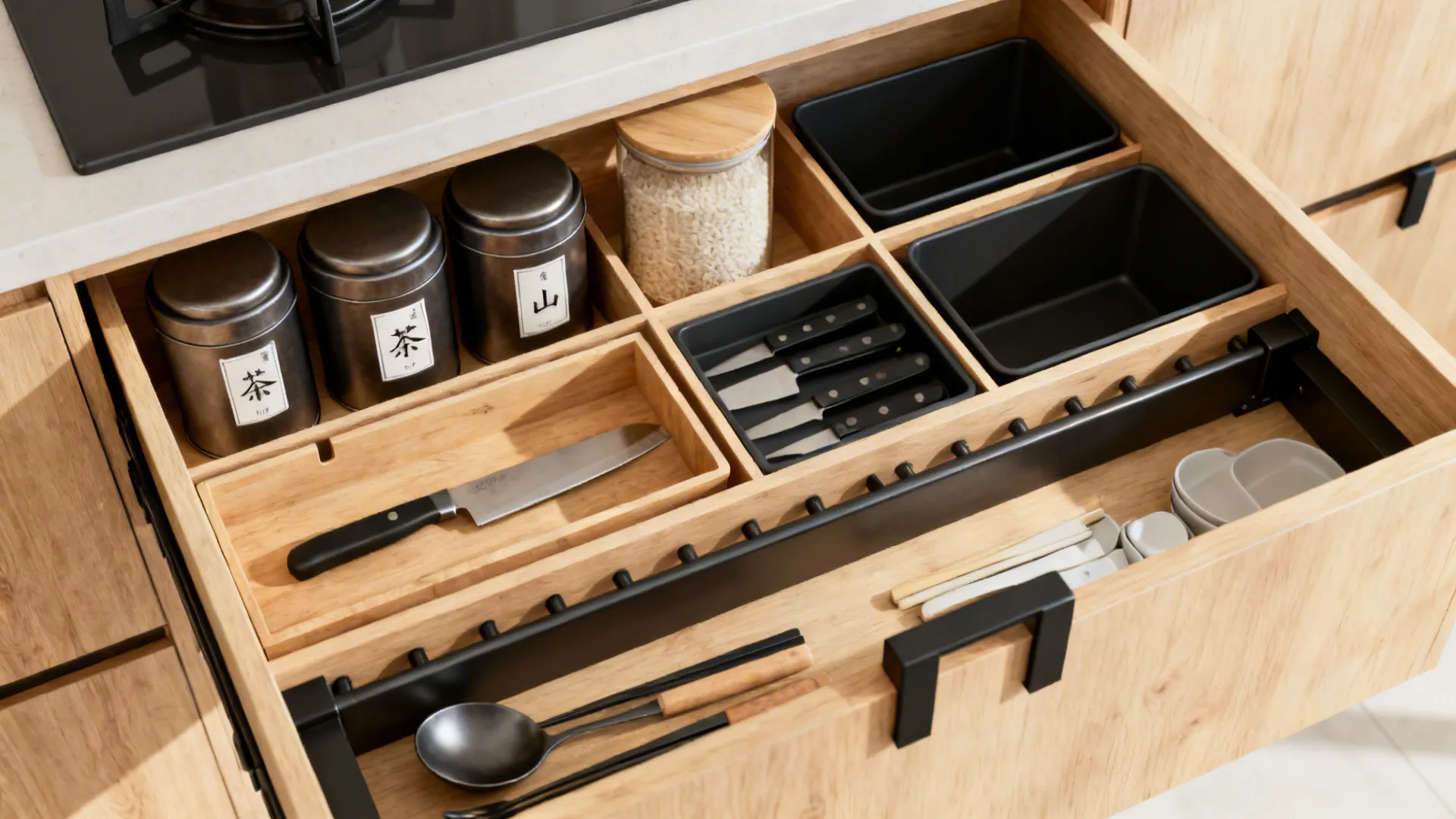 Top-down view of minimalist Japanese kitchen storage with divided drawers and a shallow rail.