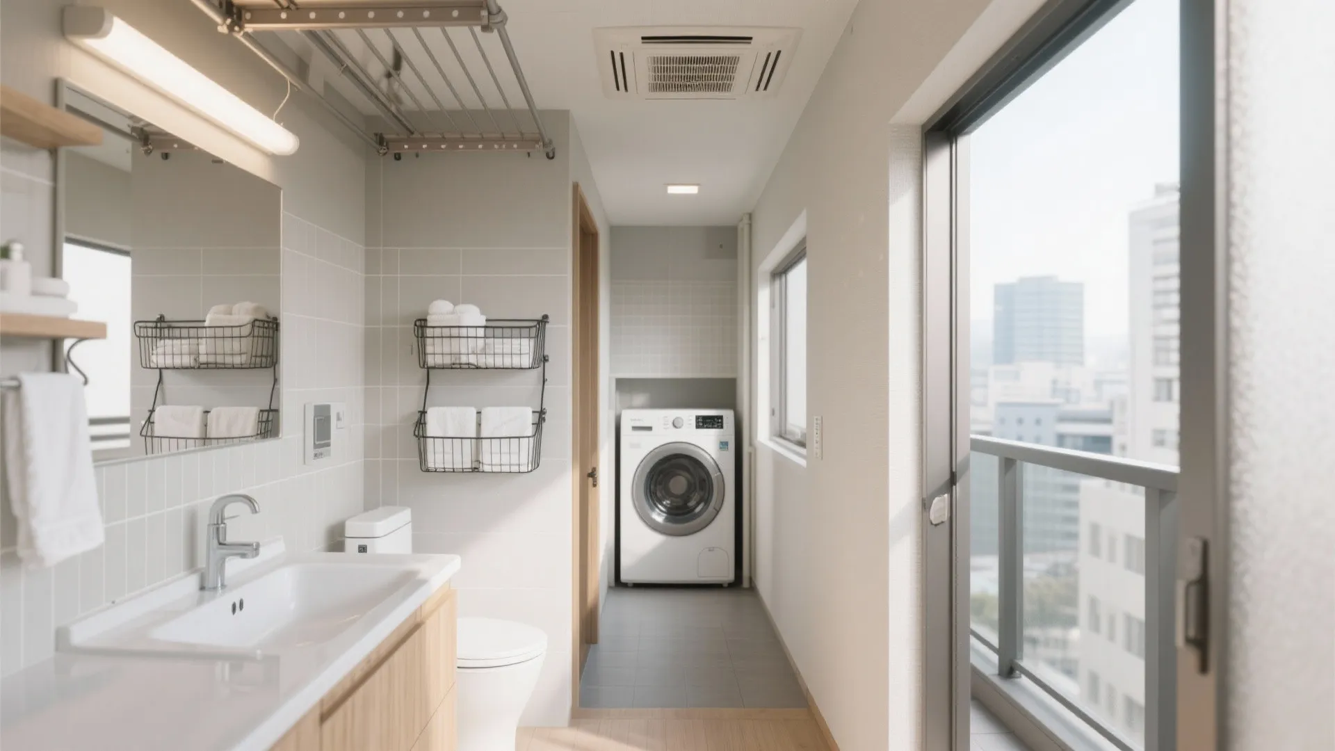 洗面・脱衣は“干す動線”で決まる：室内干しバー＋脱衣→バルコニー一直線（東京小户型・動線規劃）