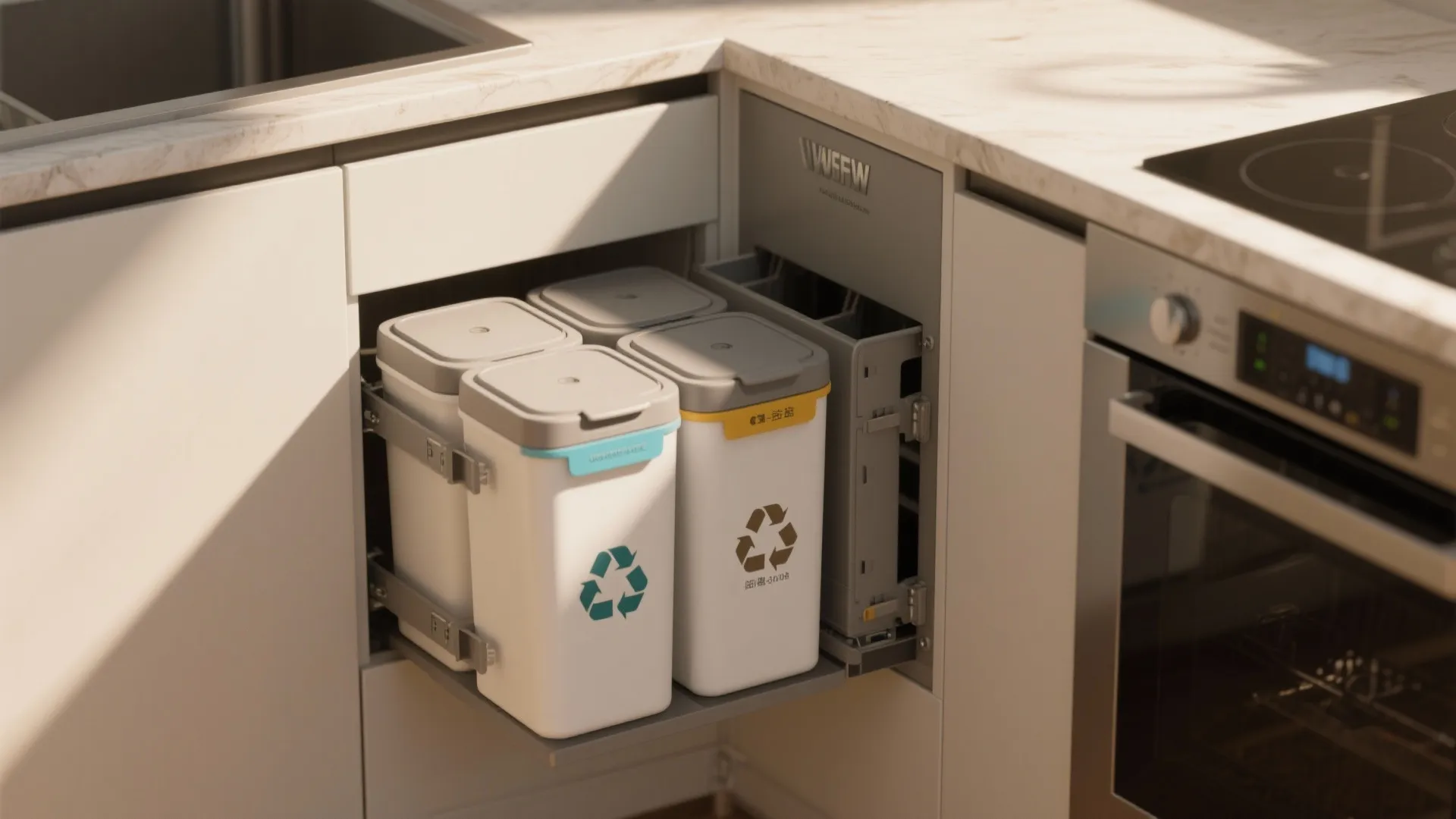 Modern kitchen cabinet with pull out drawer holding four white recycling bins under marble countertop