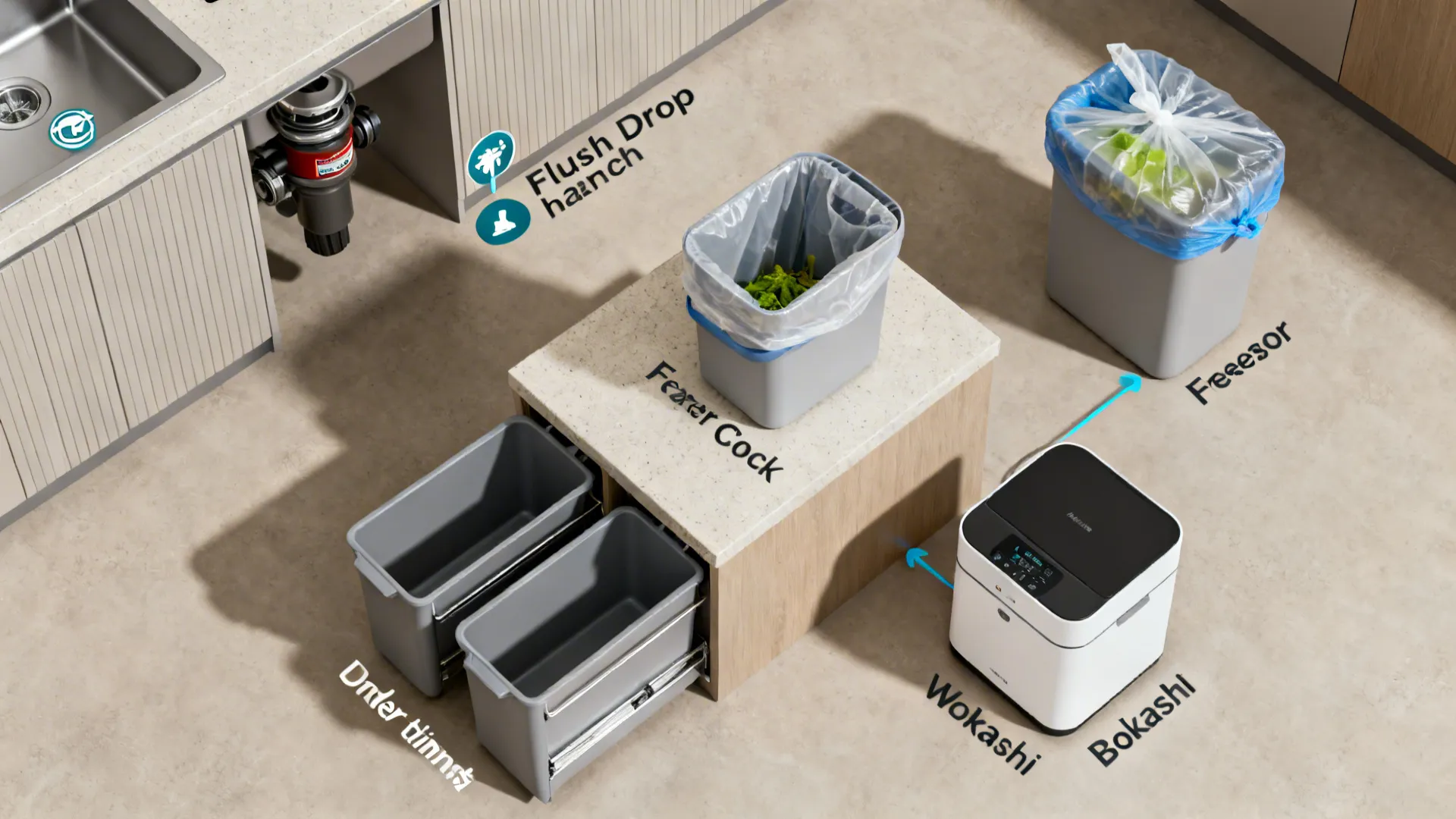 Top-down summary layout of five kitchen food waste disposal options arranged in a workflow.