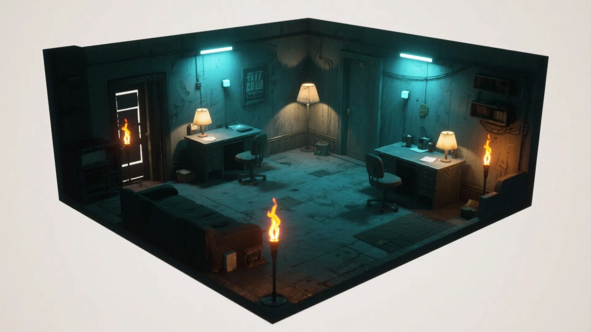 Interior design drawing showing a dark room layout with desks sofas floor lamps and torches