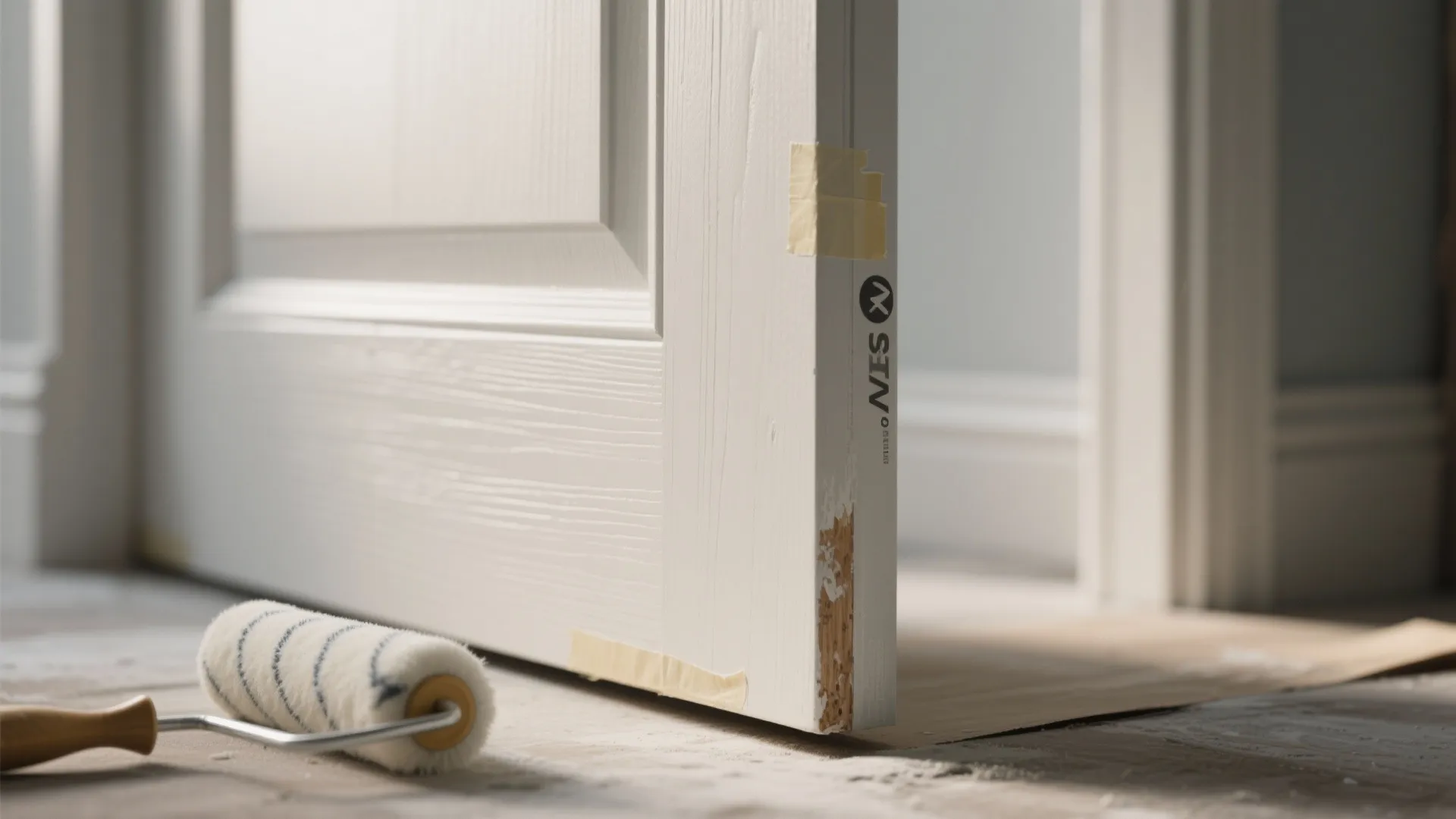 White wooden door with masking tape being painted using small paint roller on the floor
