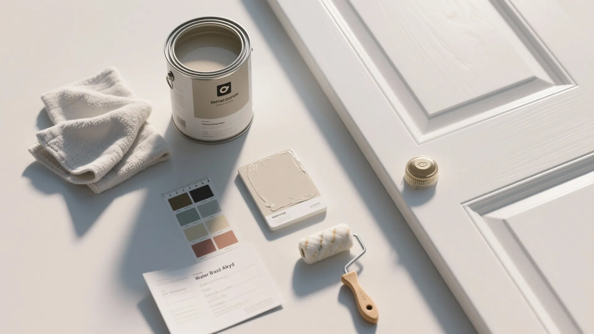 White door panel beside paint can color swatches small paint roller and a soft towel