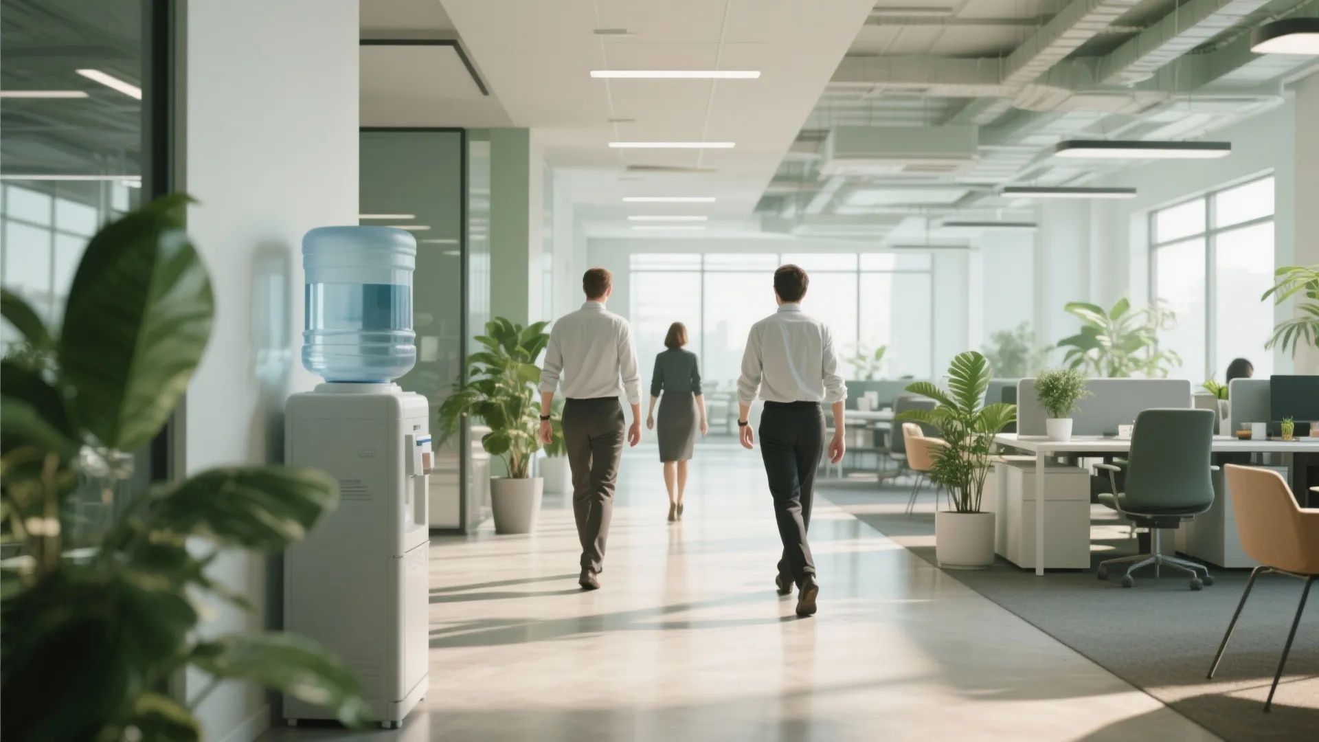Colleagues walking to a water cooler in an airy office