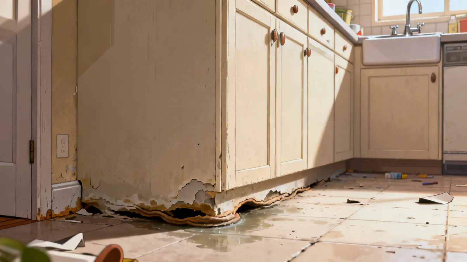 water damaged cabinet toe kick panel near kitchen sink area