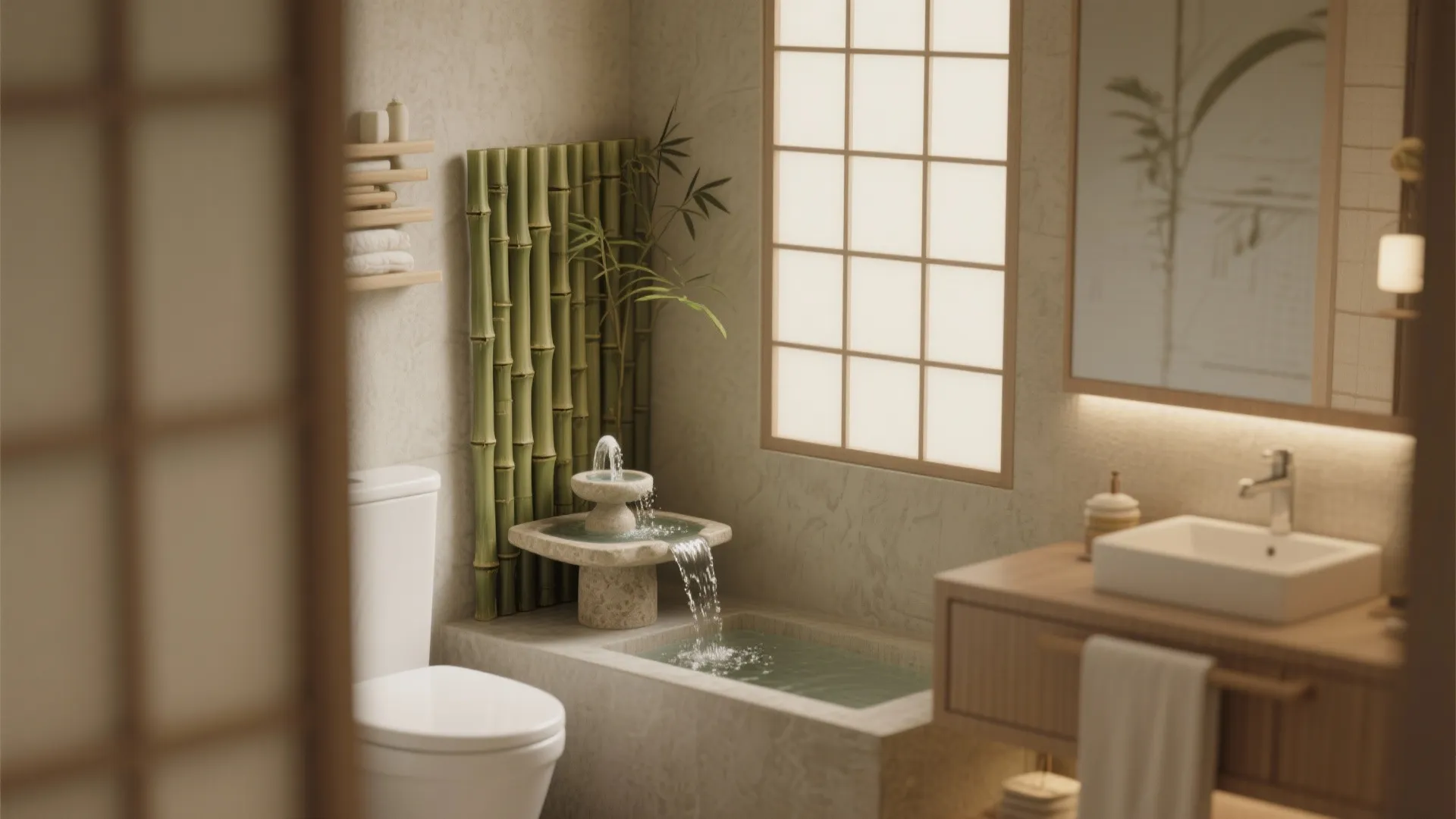 Zen bathroom interior with a small stone water fountain green bamboo and a wooden sink