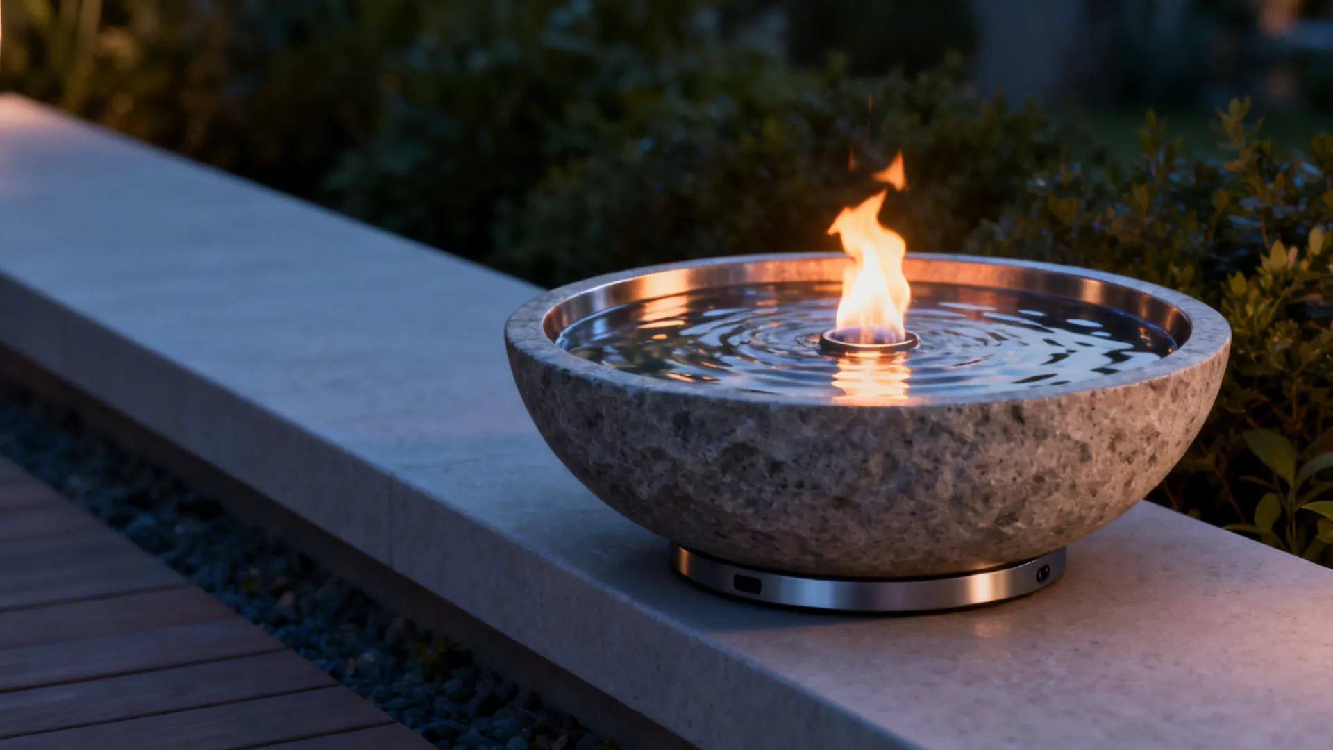 Tabletop fountain and compact fire bowl adding sound and warmth to a small patio