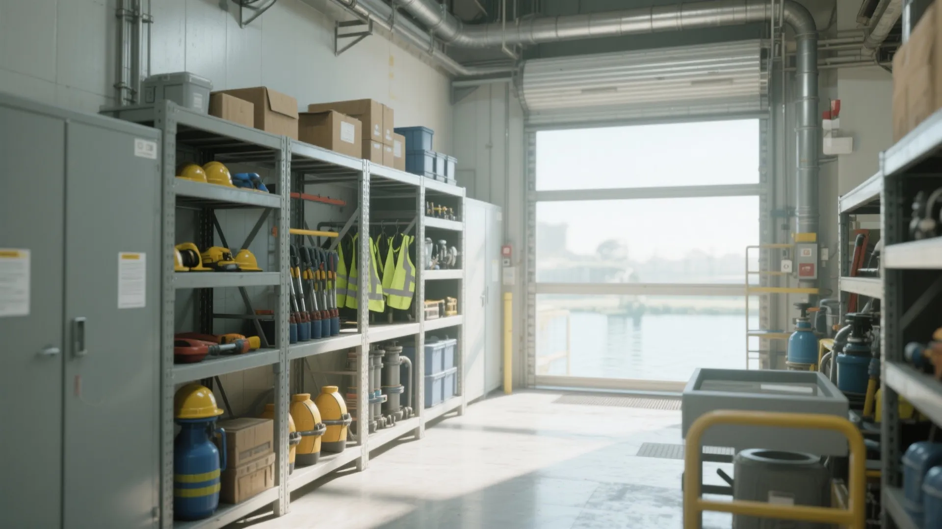 Organized storage room with safety helmets and yellow vests on shelves next to a large window