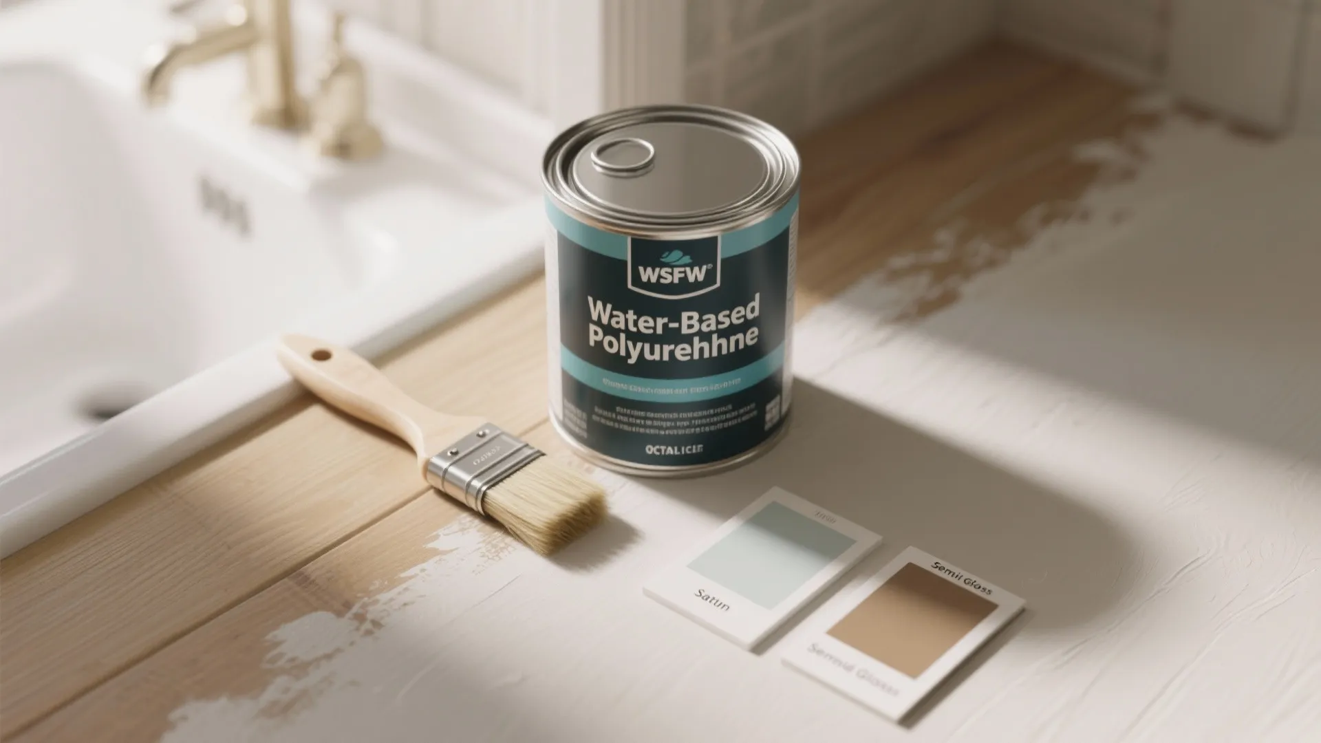 Water based paint can and brush on wooden surface with color samples near a white sink