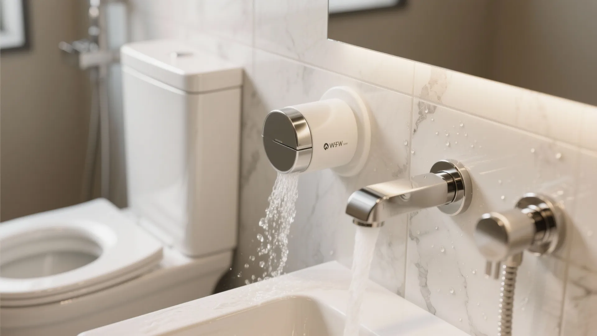 Modern white bathroom sink with water flowing from chrome faucets near a white toilet seat