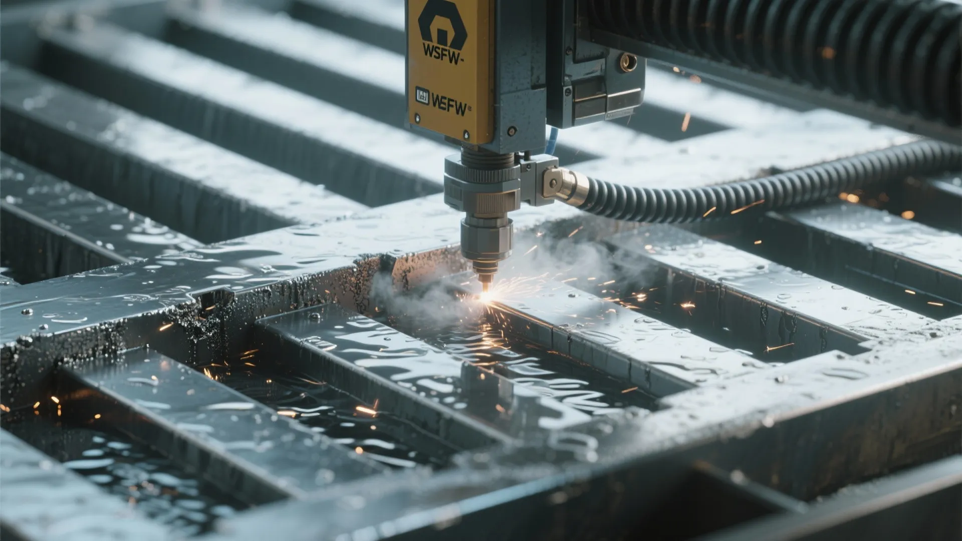 Slatted water table to tame smoke and heat