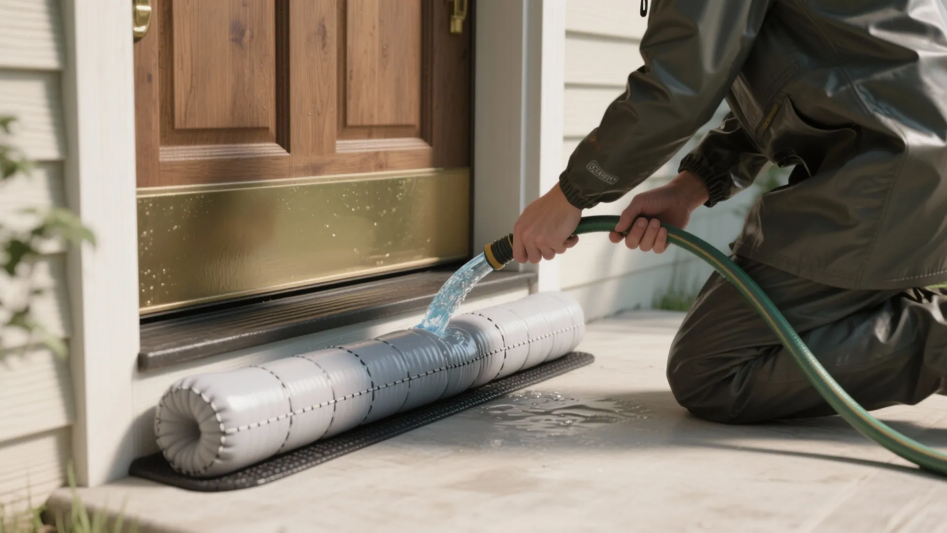 Inflatable water tube positioned across a threshold being filled from a hose to block water entry.