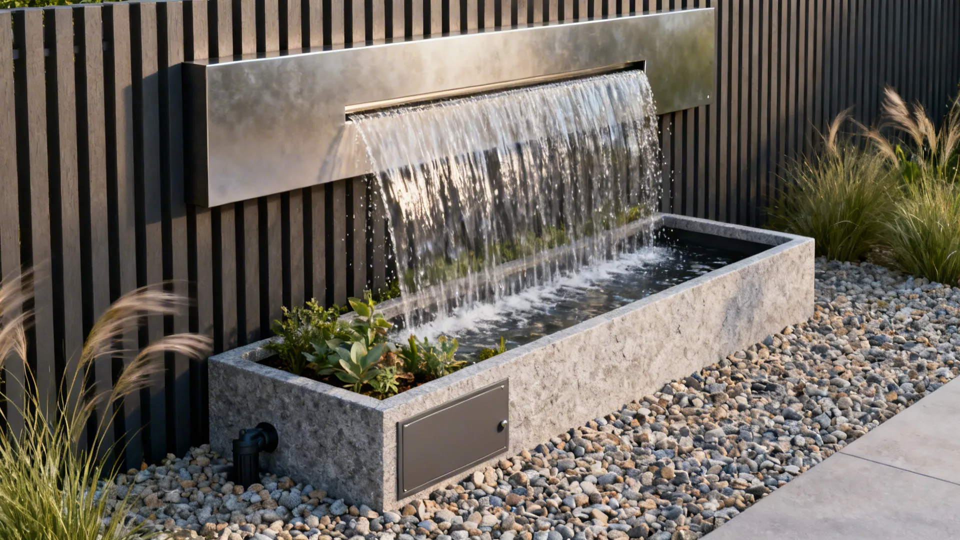 Slim water feature wall with recirculating basin concealed by gravel and plants in a compact garden.