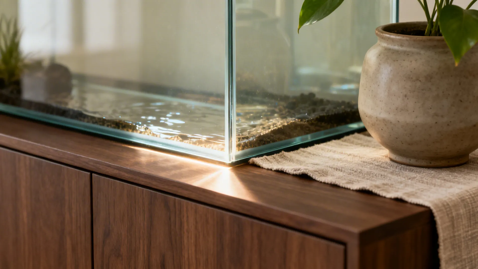Close-up of a glass aquarium on a matte walnut cabinet with a ceramic planter for balanced elements.