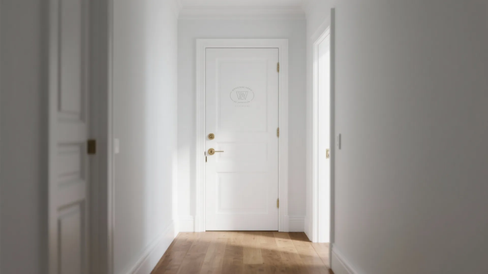 Bright white hallway showing a closed wooden door with gold handle and warm wooden flooring