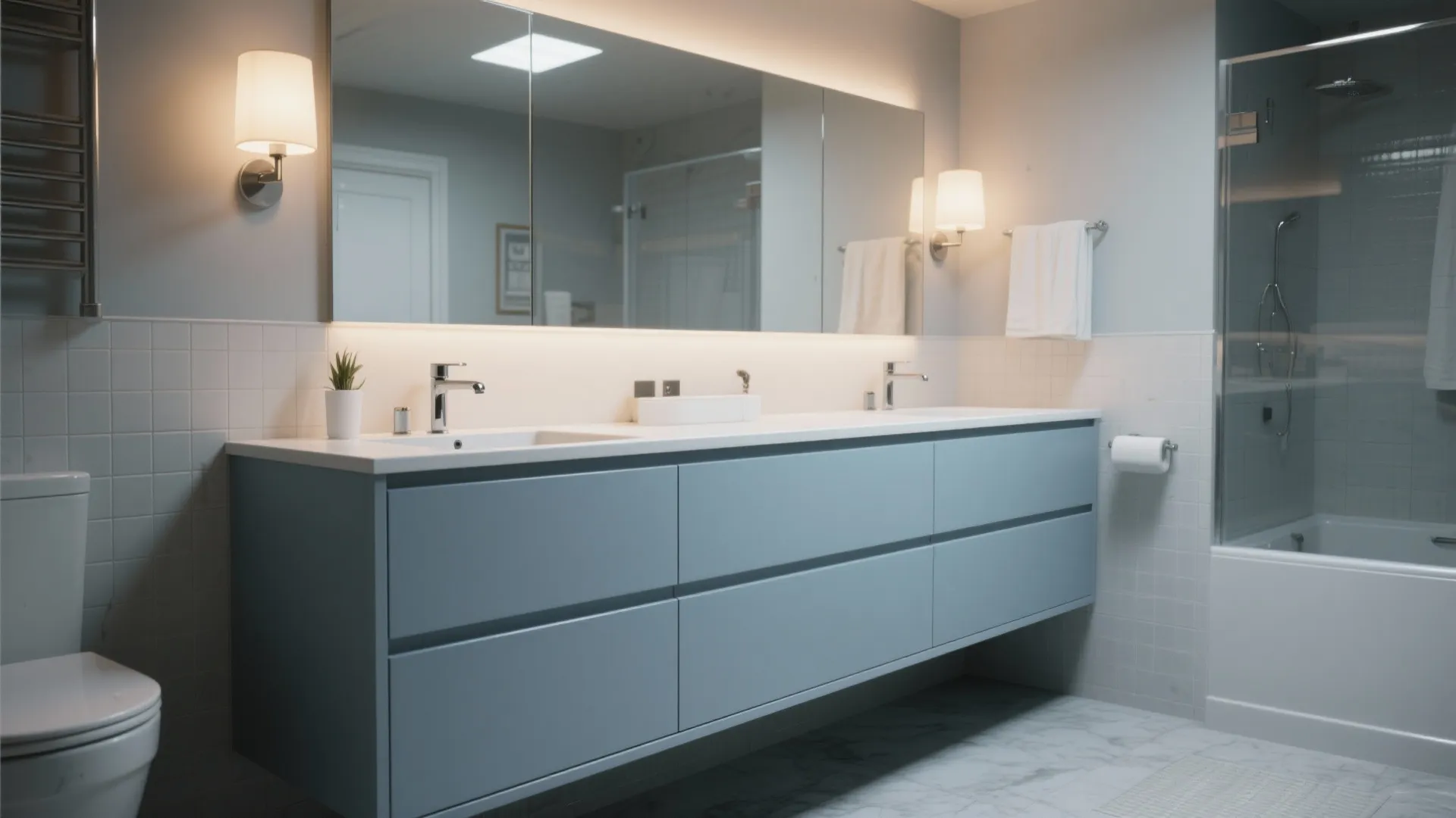 Modern bathroom with blue double vanity large mirror wall light and glass shower door setup