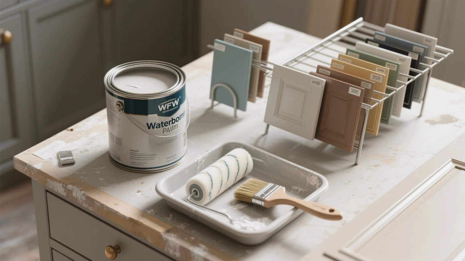Top-down view of waterborne enamel supplies and painted cabinet samples drying on a rack